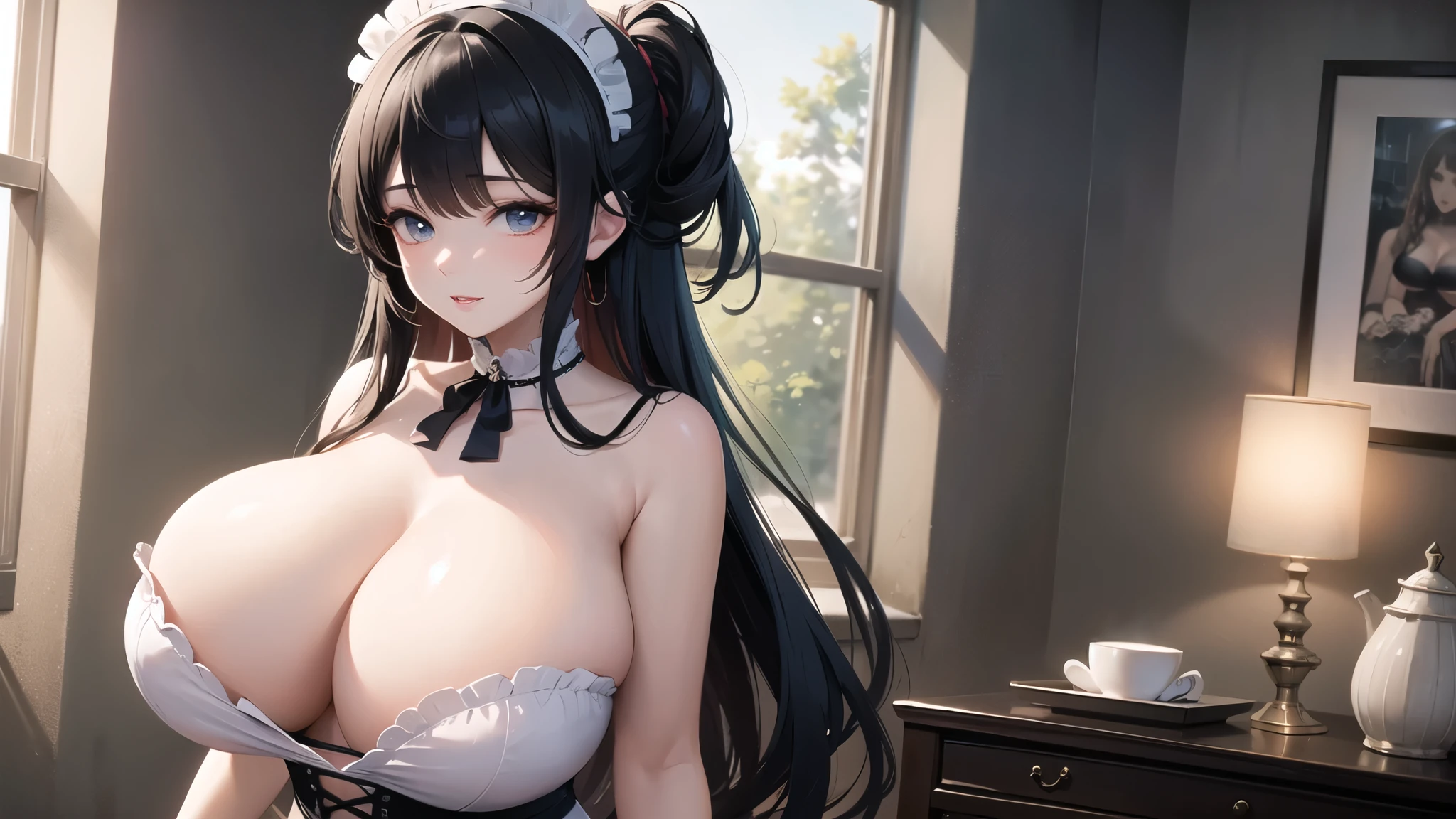 (((masterpiece, best quality))), (((superior quality))), cute girl, ((extremely detailed girl)), ((huge breasts)), maid, (bare shoulders), strapless top, (bare neck)