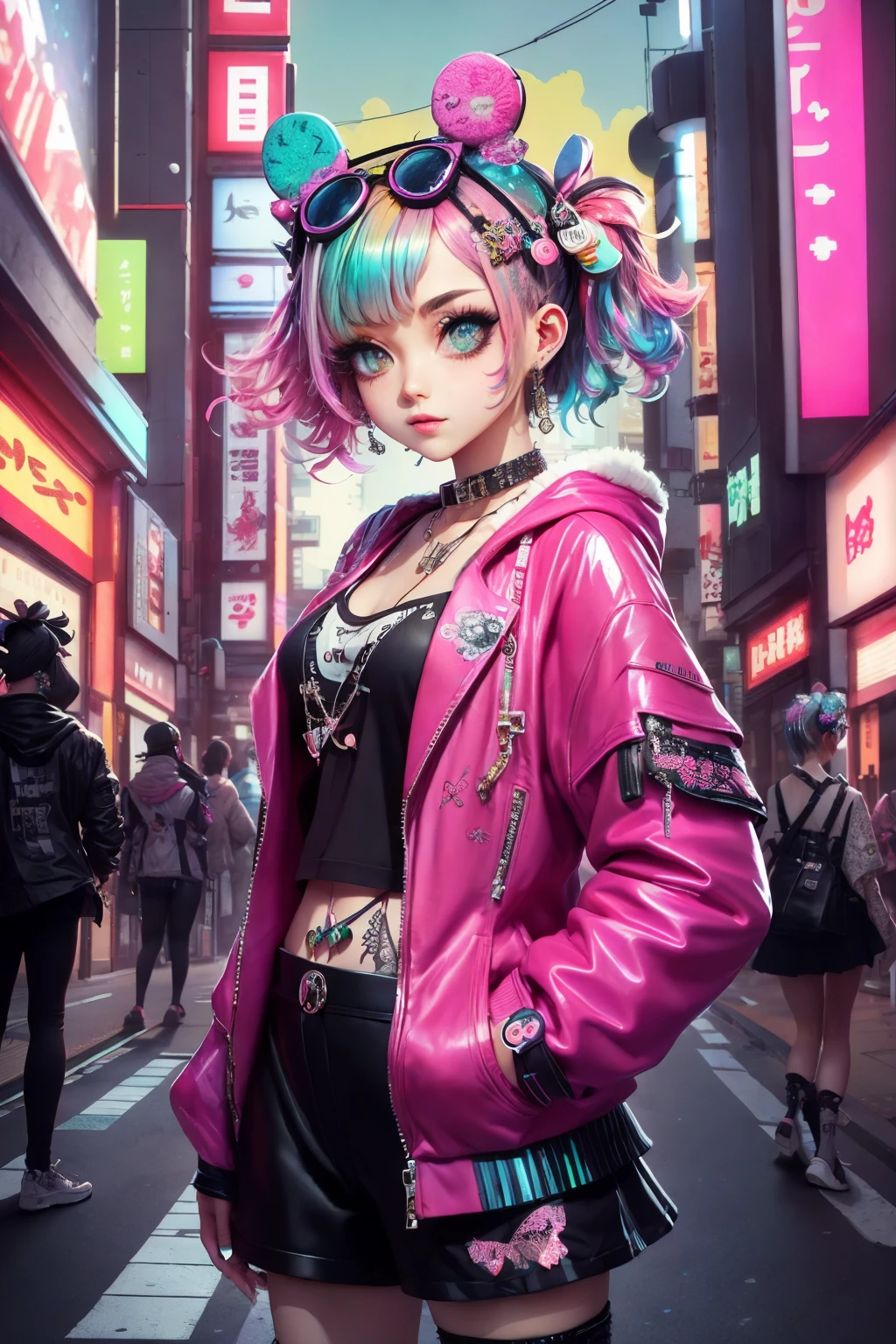 This is a cool cyberpunk and ornate (masterpiece). Generate a trendy decora woman in the colorful and busy streets of cyberpunk Akihabara, Tokyo. Generate a lovely decora and cyberpunk adult woman in the style of Artstation and cyberpunk Harajuku street fashion. Her clothes are vibrant in the Harajuku style. Include oversized accessories, neon colors, and inventive layering. The woman's clothes and accessories should be highly ornate in the ((((Harajuku decora)))) and cyberpunk kei style.  The woman's hair is curly and glossy and styled cutely. The woman's clothes and accessories should be highly ornate in the Harajuku decora and decora kei style. Her eyes are important and stunning, with interesting coloring and patterns. ((((iridescence and shimmer)))), glitter, best eyes, best quality, cyberpunk kei, visual kei, selfie, bold colors and patterns, LED lights, ((glowing neon signs)), ((ultra detailed)), dynamic composition, (((decora)))