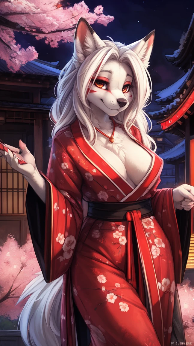 by kenket, Ross Tran, ruan jia, zaush, foxovh, by Zackary911, by hyattlen, by teranen, by fumiko, by Pixelsketcher, by fluff-kevlar, bye r-mk, by Dimwitdog, Furry, Anthro, (geisha), (luxurious kimono), female white fox with red markings, kemono, big breasts, long (elegant) white hair, hourglass body, alluring eyes, looking at viewer, red markings on face, white fur, traditional japanese, magic fantasy, (mature), milf, tall, curvy, outdoors, cherry blossoms, nighttime, (red eyeshadow), red eyeliner, very expensive kimono with detailed cherry blossoms on it, properly worn kimono,