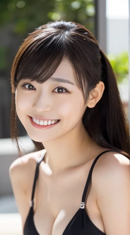 One Woman,Japanese、Beautiful Eyes,Symmetrical eyes,Slim figure, Realistic teeth, double eyelid,Duck mouth,Long Hair、Ponytail Hair,smile、Black Bikini,(whole body:1.2),D cup breasts