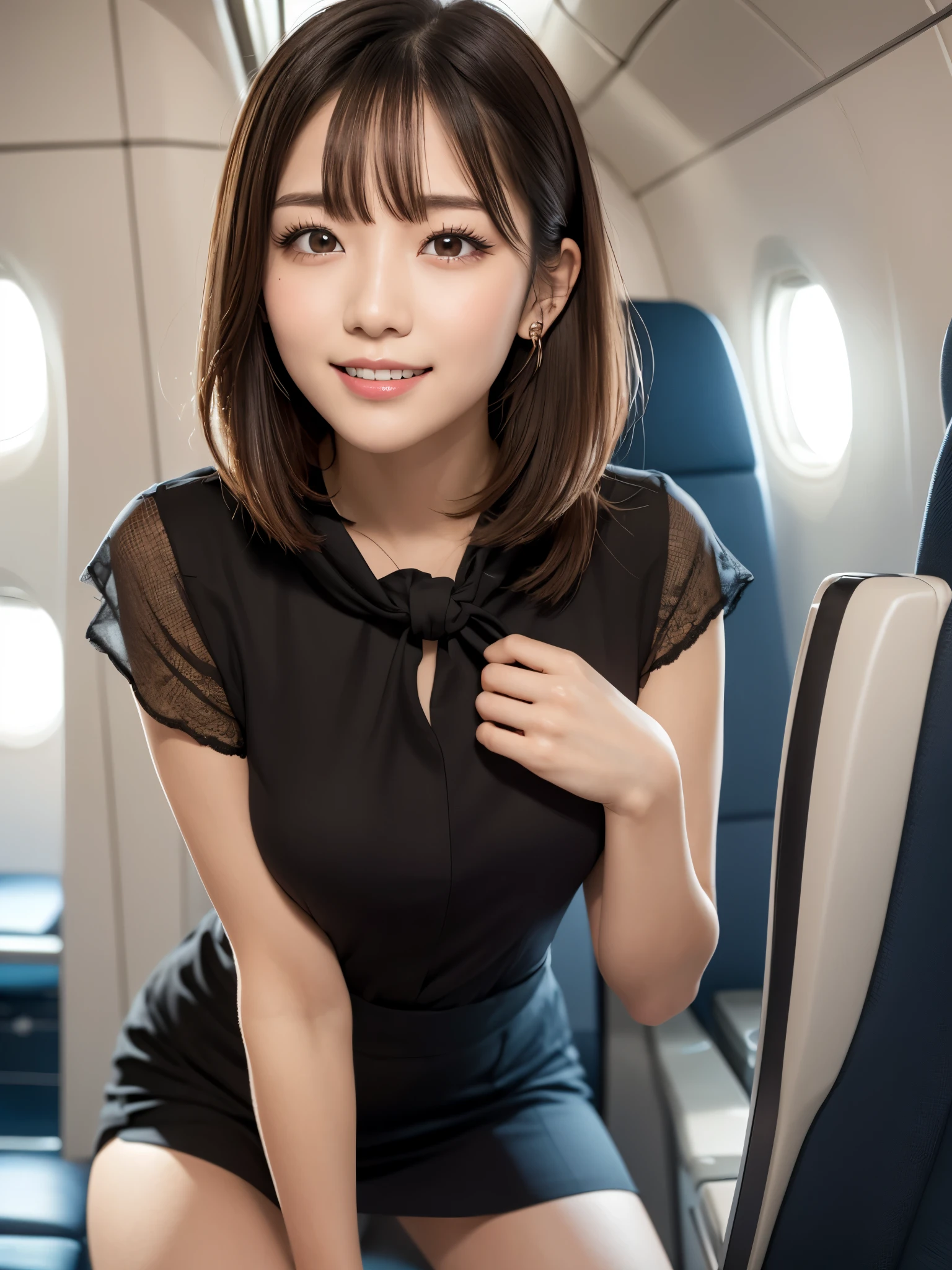 (masterpiece:1.3), high resolution, ultra detailed, extremely detailed CG unity 8k wallpaper, realistic, photo-realistic, RAW photo, beautiful detailed face, pale skin, realistic skin, detailed cloth texture, detailed hair texture, Perfect proportion, Beautiful Face, accurate, Anatomically correct, Highly detailed face and skin texture, natural neck length, (beautiful hands), (fair skin:1.2), Thin legs, Thin feet, Sexy thighs,
BREAK,
Detailed eyes, symmetrical eyes, Light Brown eyes, Double eyelids, Thin eyebrows, (Glossy lips:1.4), (pretty smile:1.2),
BREAK,
(A Classy and Cute girl:1.3), (Wearing a Elegant flight attendant uniform of Japan Air Line:1.2), (Wearing a Light pink neck knot scarf:1.1), (Close the Button:1.1)
(medium large breasts), (slender figure), (Beautiful curves),
(Dark brown hair, wavy hair), ((short hair, asymmetrical bangs:1.2)), (Upper body shot:1.2), (looking up with a gaze:1.2), (From above:0.5),
BREAK,
(Kneeling on the Passage by the seat of first-class), ((Graceful lifted up her chin:1.2)), (Inside the private Airplane: 1.2),