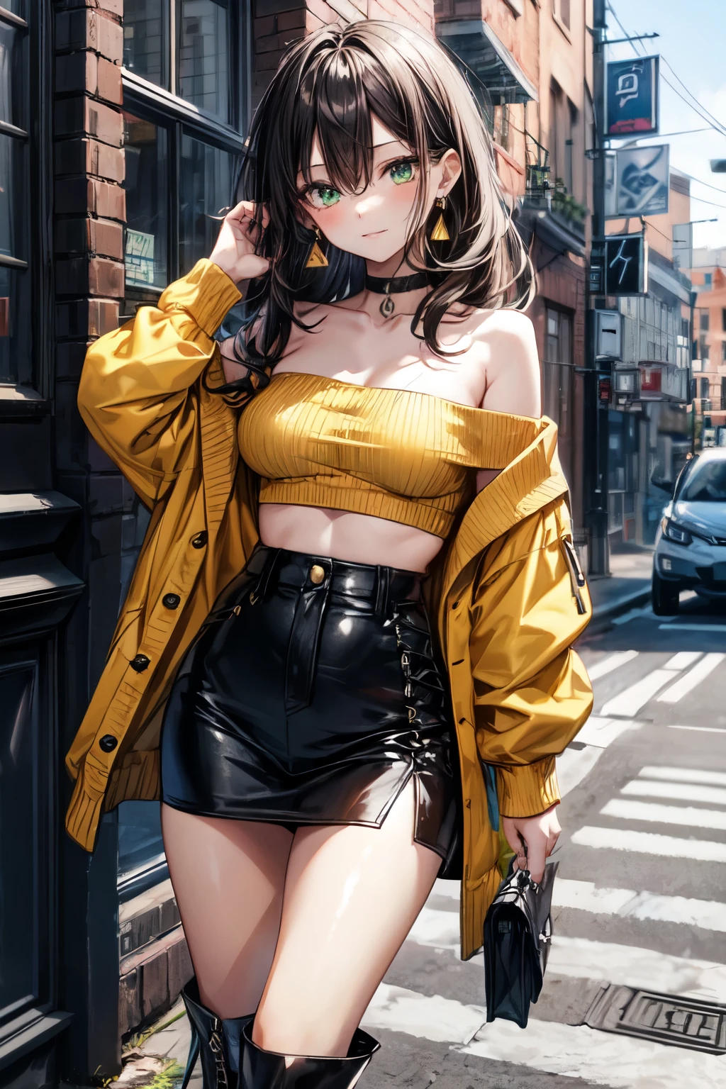 an extremely delicate,
beautiful girl,
break,
8k,
best quality,
masterpiece,
ultra hires,
ultra detailed girl,
super fine illustration,
break,
active pose,
outdoors,
street,
shiny,
bright,
rim lighting,
break,
1girl,
solo,
college age,
perfect female body,
black hair,
long hair,
fluffy hair,
air bangs,
long bangs between eyes,
round face,
green eyes,
(smile:0.8),
large breasts,




break,
yellow costume,
{ opened off shoulder cardigan | off shoulder knitted Sweater | hoodie },
{ strapless cropped tube top | T-shirt | tank top },
{ { mini | long | pencil } { skirt | pants } },
{knee | chelsea | short | long | lace-up} boots,
earrings,
choker,
arm bangles,