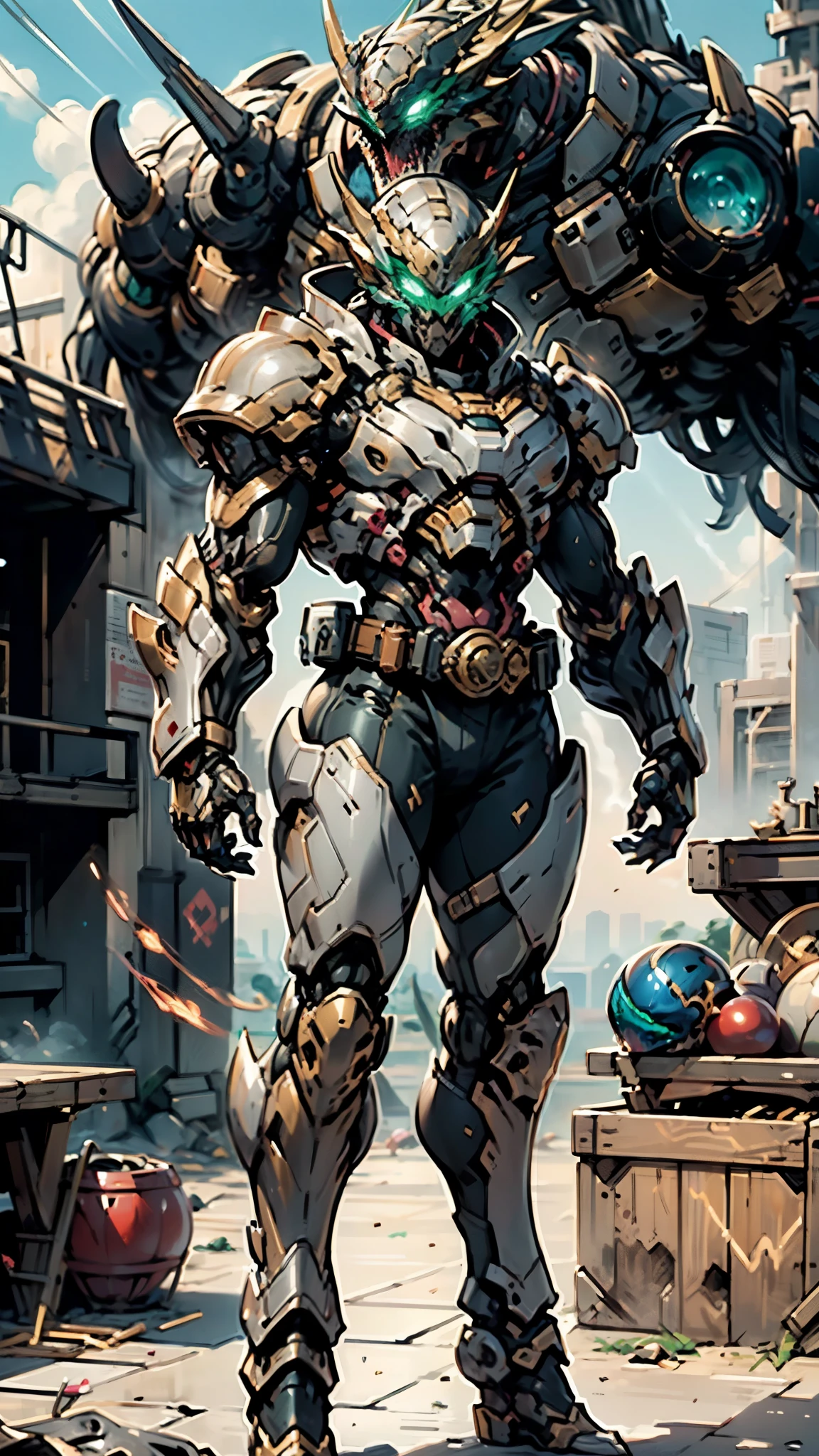 A man wearing a full-face helmet, a fantasy-style biomecha armored combat suit, green eyes, a composite layered chest armor, fully enclosed shoulder guards, matching arm and leg guards, the belt is adorned with dragon claw grasping orbs, primarily black with red accents, the design balances heavy with agility, a high-tech biological armor, concept inspired by dragons,stand on the top of a skyscraper in a futuristic sci-fi city, this character embodies a finely crafted fantasy-surreal style armored hero in anime style, exquisite and mature manga art style, ((male:1.5, element, plasma, energy)), metallic, real texture material, dramatic, high definition, best quality, highres, ultra-detailed, ultra-fine painting, extremely delicate, professional, perfect body proportions, golden ratio, anatomically correct, symmetrical face, extremely detailed eyes and face, high quality eyes, creativity, RAW photo, UHD, 32k, Natural light, cinematic lighting, masterpiece-anatomy-perfect, masterpiece:1.5