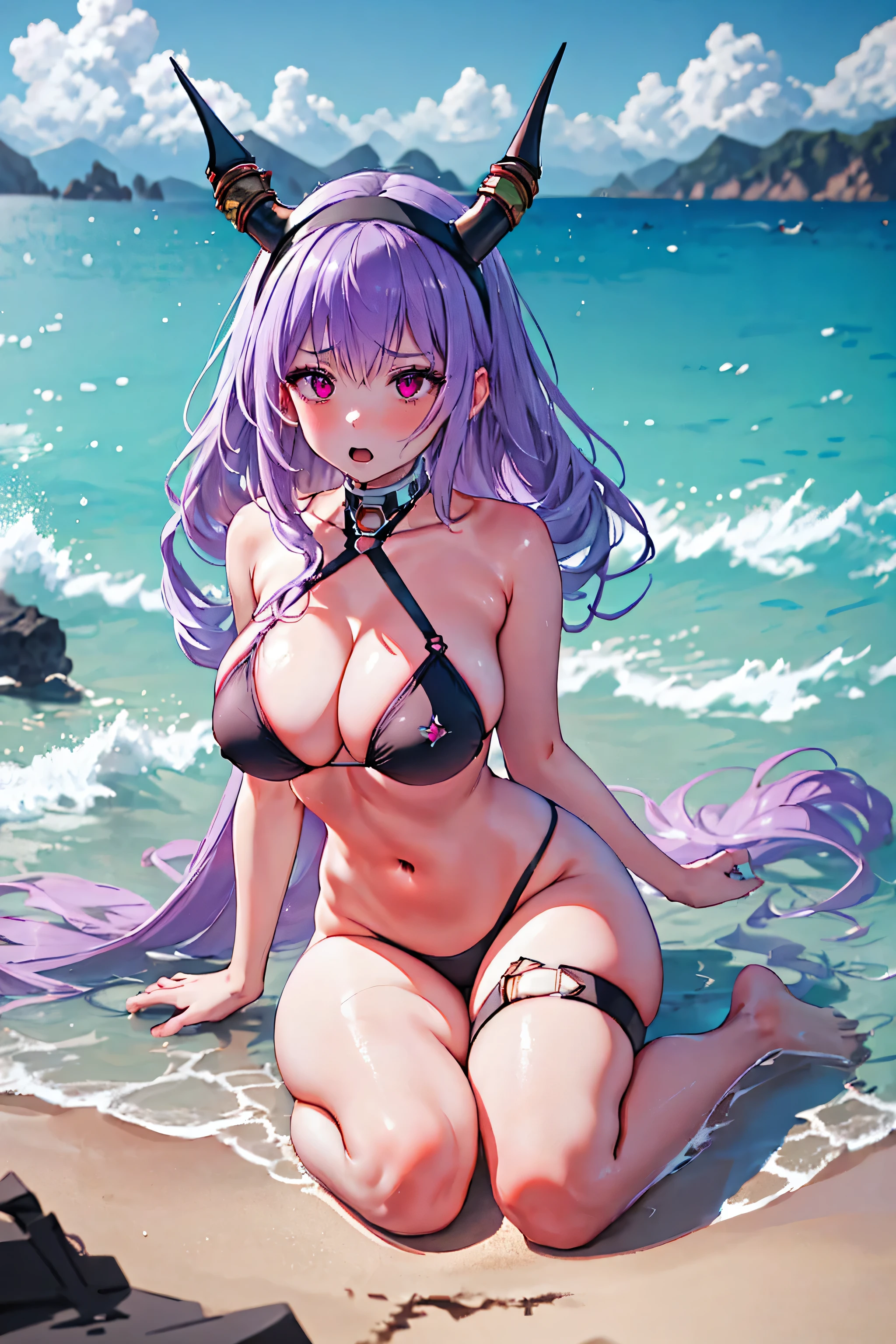 Typhon| Arc Knight, micro bikini, Masterpiece, best quality, 1 woman,25 years old , big, Big breasts, My hair is very long., headband, purple hair, conjunctivitis, proportion body, proportion, show your , Water set, This micro bikini,micro mini bikini, Lying on the beach with exciting challenges, Not clear. ,only, beautiful sea, The sky is beautiful, Looking at the audience from the front, thigh strap, tilt your head, bored, 10, 10, high resolution, Expressing anger, angry,