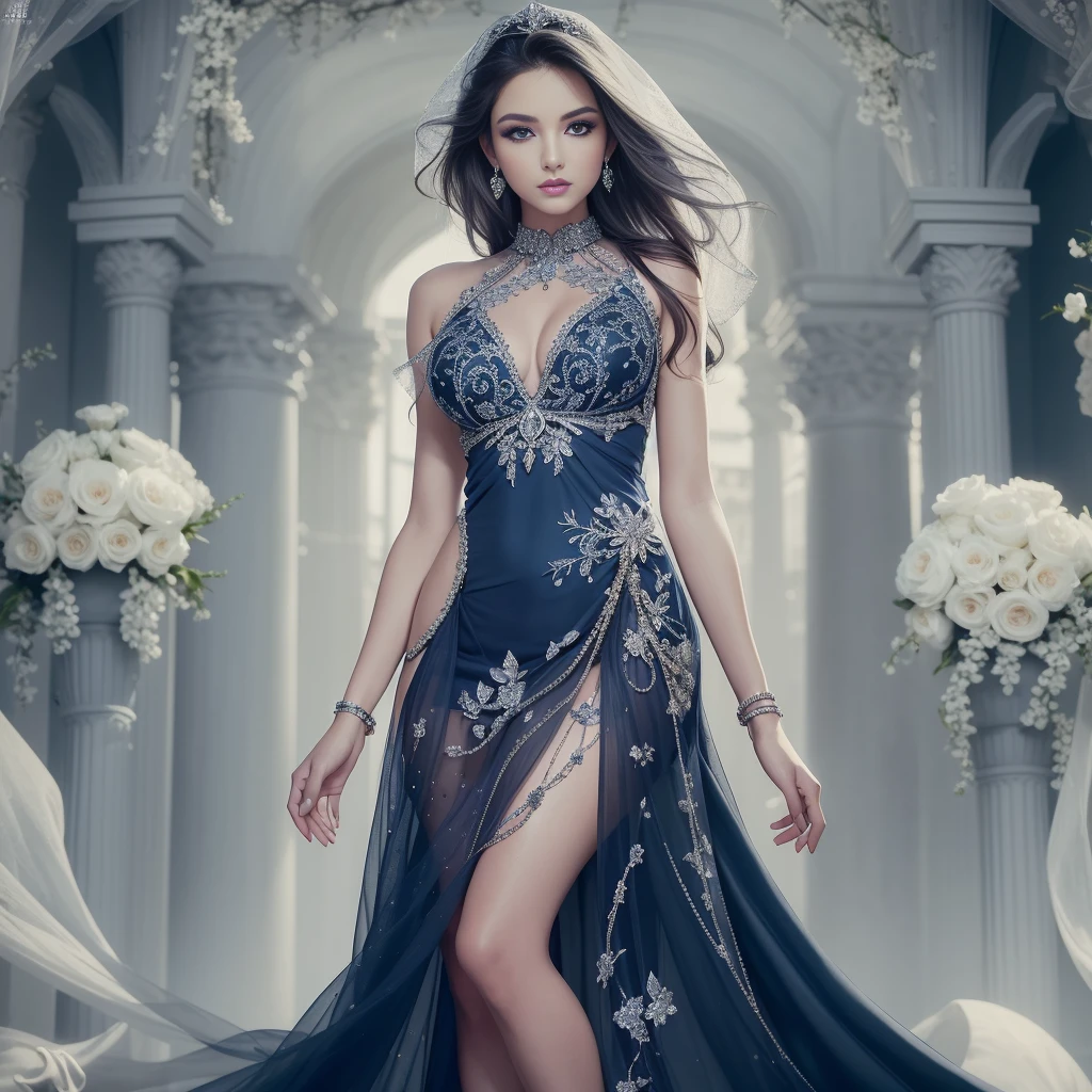Present something attractive "Fashionista" Magazine Cover, white and darkblue themed design. Our cover young model girl is the embodiment of beauty and charm, with church,Captivate all with her stunning presence. Flowing silver hair flows down gracefully, Perfectly harmonized with elegant and elegant makeup. Her piercing ocean blue eyes draw you in, Reflects depth and charm, Although her lips resemble delicate rose petals, In addition to her enchanting charm. Wearing a breathtaking sleek mini lace gown, Decorated with intricate precious metals and jewelry decorations, She embodies the essence of elegance and luxury in a bright darkblue shade. The dress emphasizes her beauty, Introducing her as the epitome of sophistication and talent. The cover background is a visual marvel, Features a harmonious blend of delicate petals and shimmering gemstones, Create an atmosphere of ethereal beauty. Flowers add a touch of romance and charm, Although gems shimmer like precious treasures, Enhance the appeal of a scene. This "Fashionista" Magazine cover celebrating the charm of darkblue, Captivates readers with the touching beauty of stunning models decorated with ornate and intricate ensembles. With its luxurious charm and graceful finesse, The cover is、Promises an enchanting journey into the world of fashion and style, An indispensable item in the collection of every fashionista.