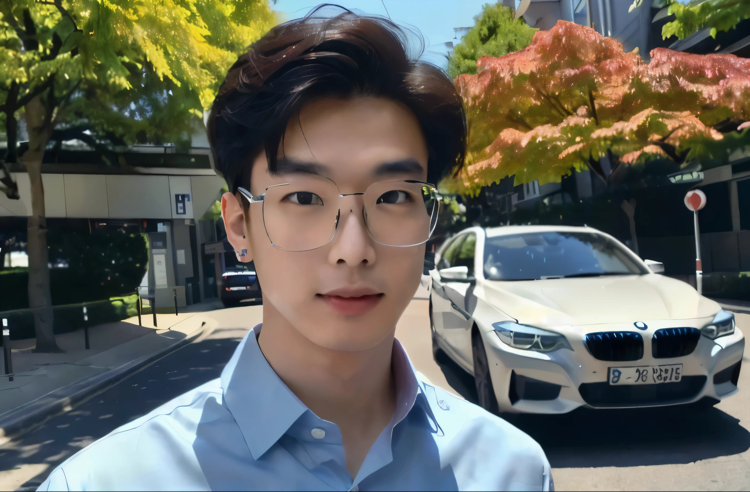 (One wears silver-white thin metal-rimmed glasses、Wearing a white shirt、Asian man in suit and tie,About 25 years old.Height 180 cm)、best quality、masterpiece、Ultra-high resolution、(Photo realism:1.4)、Full body image、(A man wearing silver-white thin-rimmed glasses on the street outdoors、Young handsome man in suit standing up、Standing under the red maple tree、Red and big maple leaves、delicate leaves、branch details)、(A white BMW car next to the man、Man&#39;s hands on car roof)shadow、Octane Rendering、8K、Super sharp、realistic light、(There is only one car on the street、man&#39;s shining eyes、looking in the direction of the camera)、小LED、Ultra high quality、　High、　gentleman、very beautiful hair、　Bright photos、　As handsome as a model、　As handsome as an idol,Professional profile photo, Professional portrait photos、Realistic portrait photos, Detailed color portrait, Portrait of an idol, High quality full body portrait photos.