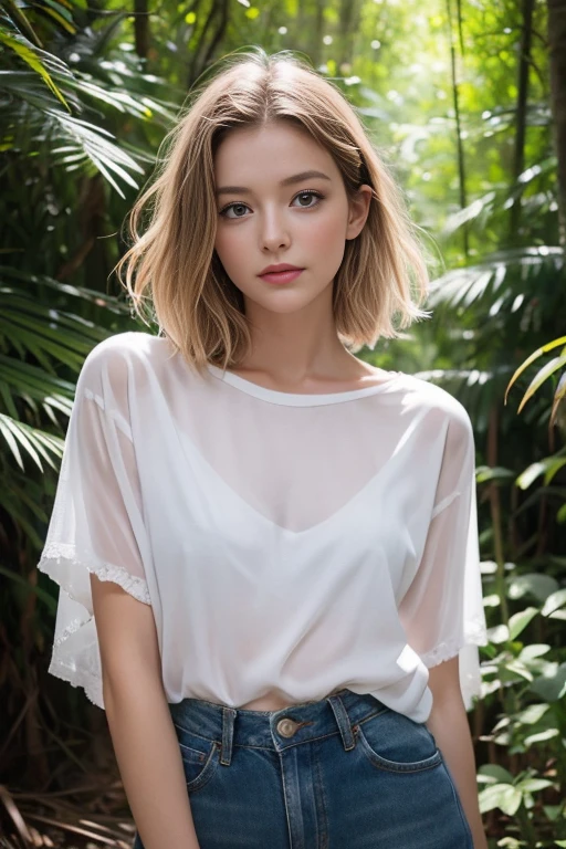 , 25 ans, delicate, poudre de contour, sexy, ripped jeans, t-shirt blanc (wet and torn), intricate details, French touch, cheveux de longueur moyenne, cheveux blonds, yeux bleus, sourire romantique, seductive look, bonne couverture, de nuit, éclairée par les flashes des photographes, skin details, pores de la peau, sexy, Samsung S22 Ultra digital camera, dans une foret humide
