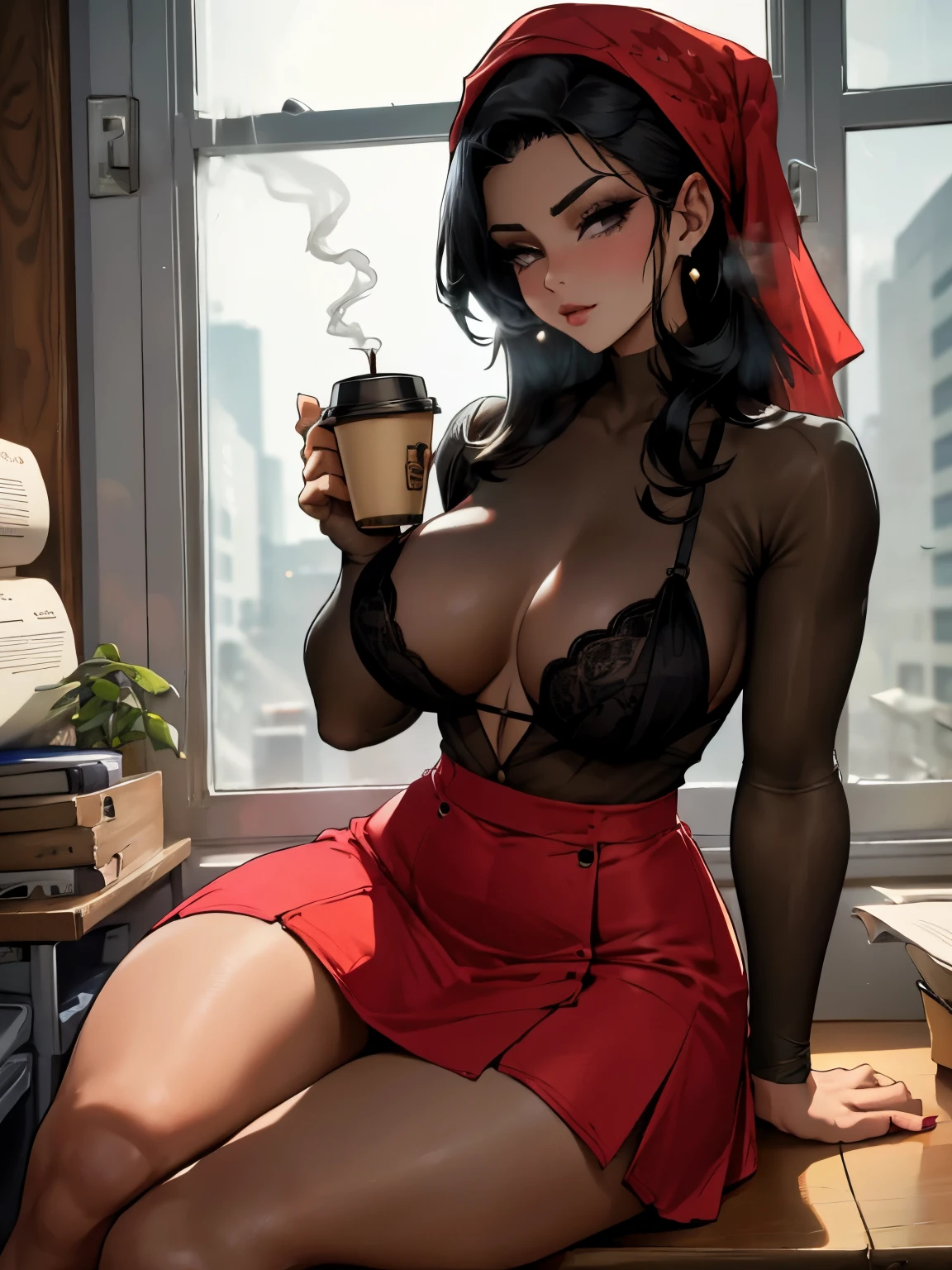 A MILF woman holding a cup of coffee blowing smoke at her face, in a silk headscarf, bras:1, dark red short skirt with black pattern, Black knee-length suede boots, propped up with brass on an office window