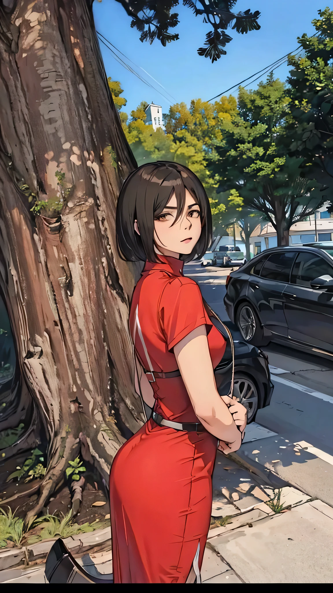 Short hair(mikasa hair cut), face detail, arrogant look, angry, 
Thick thighs, thick ass, detail outfit, wearing bodystuck long dress, change top outfit's colour into white, (top is white colour), addimg new background, a tree and a horse(behind the tree),
(A regular horse , tree nature
