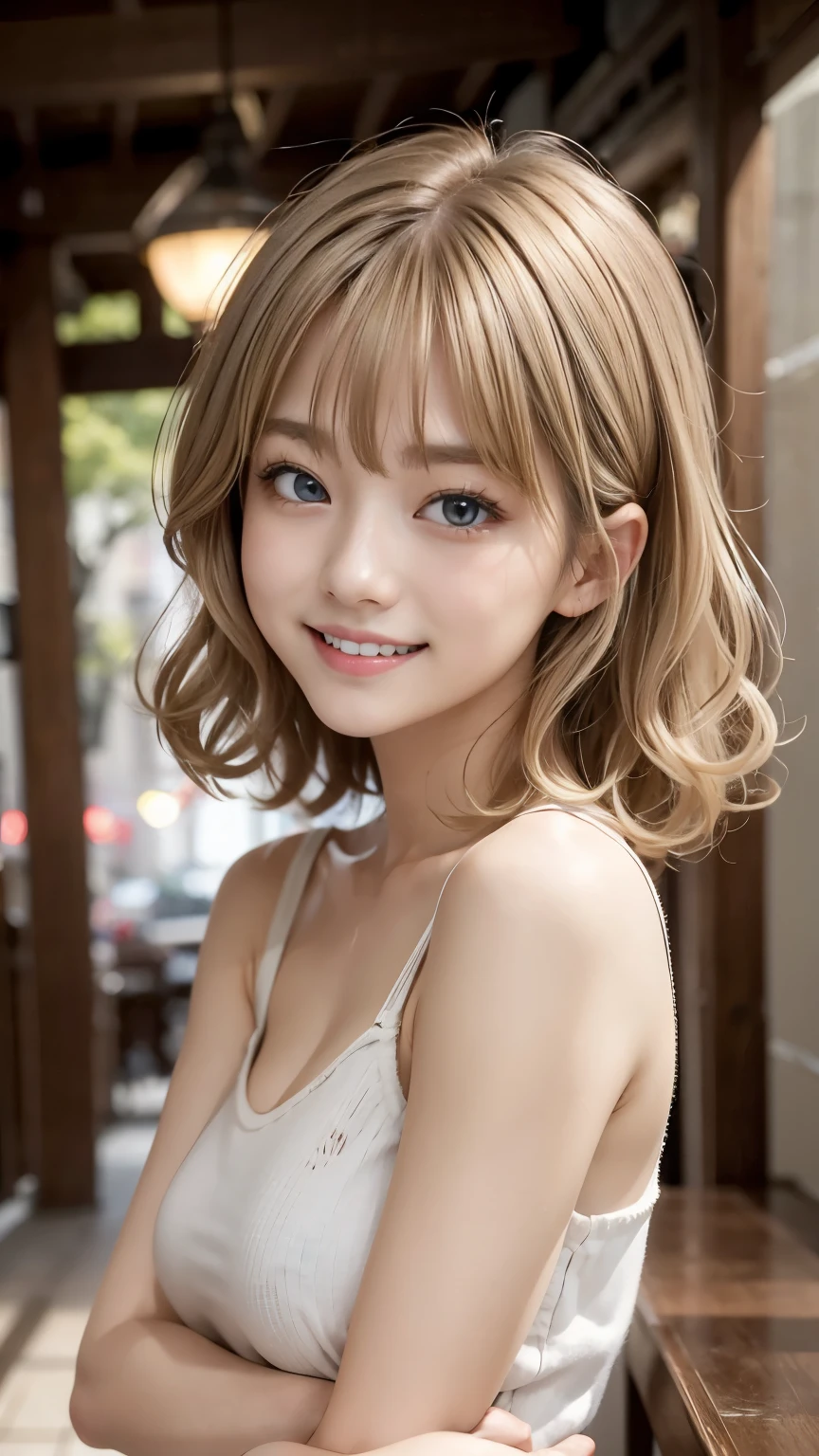 Studio Light, Depth of written boundary, Upper Body, thin, cute顔, smile, Beautiful details in the eyes, 19 year old Japanese, cute, Voluminous curls and warm blonde color, Plaza, casual