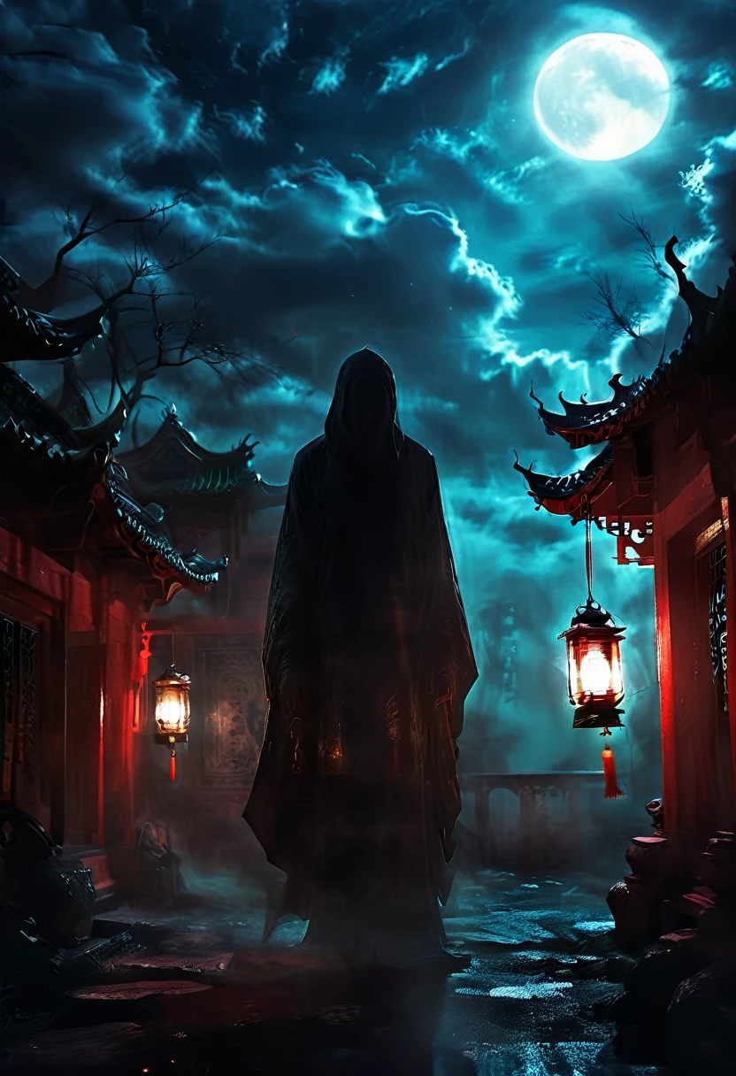 (best quality,high resolution:1.2),Super detailed,Practical:1.37,a transparent ghost in midnight,Chinese Temple,jungle,desolate,,dark,barren land,weird,mystery,horrible,Ominous Red,unforgettable,desolate,unmanned,(((Dark sky)))，Transparent ghost photo，Holding a lantern, moonlight, heavily clouded, dark幻想插画风格, dark艺术, High contrast, dark的阴影, Atmospheric perspective , Melancholic colors, Film composition, Volumetric Lighting, number, Brushstrokes, Dramatic Lighting, Low Angle, Surrealism, Ultra Detailed, Surrealism