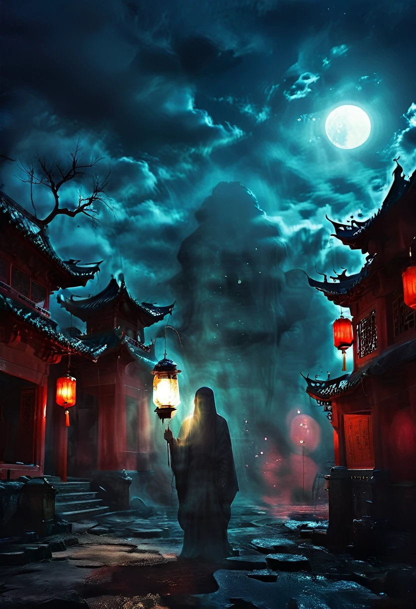 (best quality,high resolution:1.2),Super detailed,Practical:1.37,a transparent ghost in midnight,Chinese Temple,jungle,desolate,,dark,barren land,weird,mystery,horrible,Ominous Red,unforgettable,desolate,unmanned,(((Dark sky)))，Transparent ghost photo，Holding a lantern, moonlight, heavily clouded, dark幻想插画风格, dark艺术, High contrast, dark的阴影, Atmospheric perspective , Melancholic colors, Film composition, Volumetric Lighting, number, Brushstrokes, Dramatic Lighting, Low Angle, Surrealism, Ultra Detailed, Surrealism