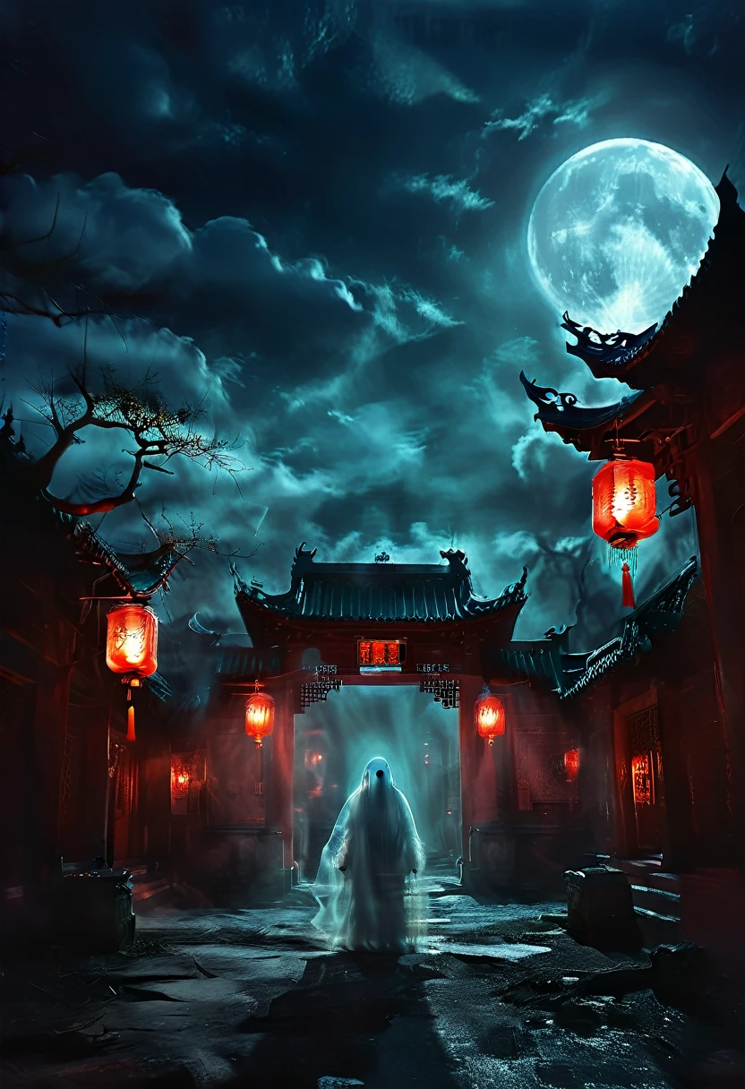 (best quality,high resolution:1.2),Super detailed,Practical:1.37,a transparent ghost in midnight,Chinese Temple,jungle,desolate,,dark,barren land,weird,mystery,horrible,Ominous Red,unforgettable,desolate,unmanned,(((Dark sky)))，Transparent ghost photo，Holding a lantern, moonlight, heavily clouded, dark幻想插画风格, dark艺术, High contrast, dark的阴影, Atmospheric perspective , Melancholic colors, Film composition, Volumetric Lighting, number, Brushstrokes, Dramatic Lighting, Low Angle, Surrealism, Ultra Detailed, Surrealism