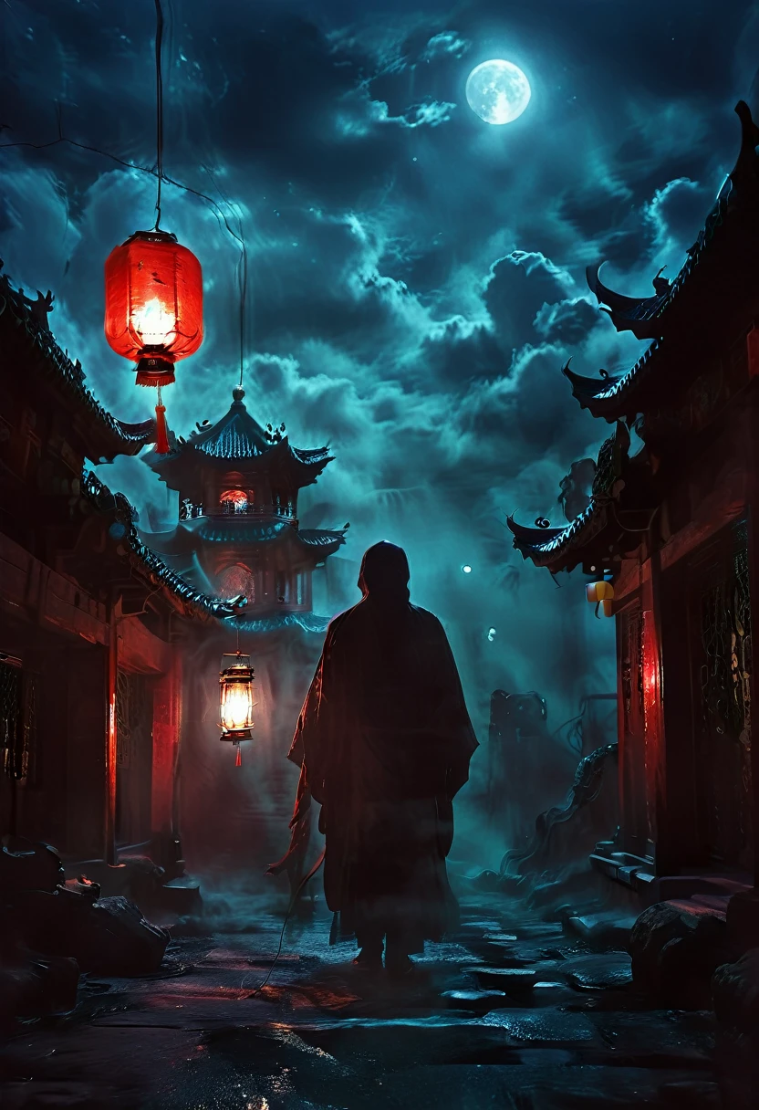 (best quality,high resolution:1.2),Super detailed,Practical:1.37,a transparent ghost in midnight,Chinese Temple,jungle,desolate,,dark,barren land,weird,mystery,horrible,Ominous Red,unforgettable,desolate,unmanned,(((Dark sky))),Transparent ghost photo,Holding a lantern, moonlight, heavily clouded, dark幻想插画风格, dark艺术, High contrast, dark的阴影, Atmospheric perspective , Melancholic colors, Film composition, Volumetric Lighting, number, Brushstrokes, Dramatic Lighting, Low Angle, Surrealism, Ultra Detailed, Surrealism