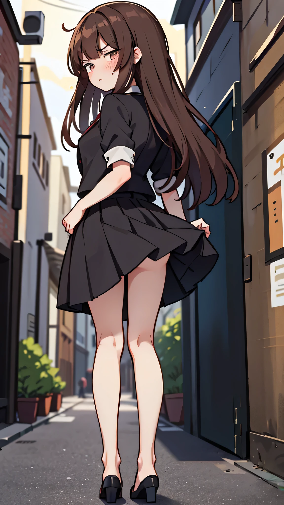 masterpiece、highest quality),Brown Hair,Hime cut,Long Hair,Bangs,girl,Back Alley,In a suit,OL,Woman with an angry face,Blushing,Slender women, A woman wearing plain black pumps,Bare feet and pumps,Open collar,Horny,Stand with your legs together,hold the skirt with both hands