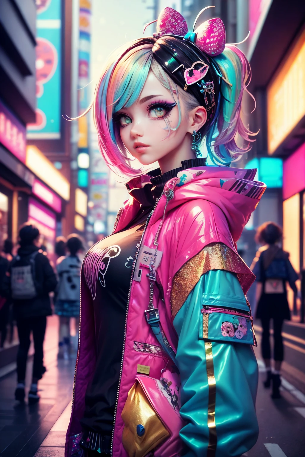 This is a cool cyberpunk and ornate (masterpiece). Generate a trendy decora woman in the colorful and busy streets of cyberpunk Akihabara, Tokyo. Generate a lovely decora and cyberpunk adult woman in the style of Artstation and cyberpunk Harajuku street fashion. Her clothes are vibrant in the Harajuku style. Include oversized accessories, neon colors, and inventive layering. The woman's clothes and accessories should be highly ornate in the ((((Harajuku decora)))) and cyberpunk kei style. The woman's hair is curly and glossy and styled cutely. The woman's clothes and accessories should be highly ornate in the Harajuku decora and decora kei style. Her eyes are important and stunning, with interesting coloring and patterns. ((((iridescence and shimmer)))), glitter, best eyes, best quality, cyberpunk kei, visual kei, selfie, bold colors and patterns, LED lights, ((glowing neon signs)), ((ultra detailed)), dynamic composition, (((decora)))