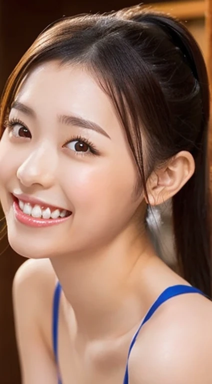 One Woman,Japanese、Beautiful Eyes,Symmetrical eyes,Slim figure, Realistic teeth, double eyelid,Duck mouth,Long Hair、(Ponytail Hair:1.3),smile、Red Bikini,(whole body:1.2),D cup breasts