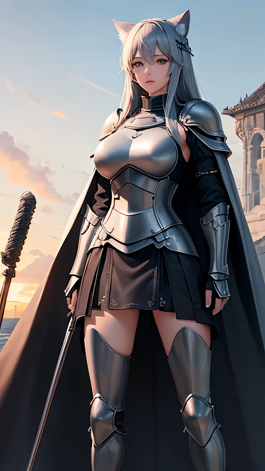 ((Highest quality))、((8K))、((Adventurer))、((Wife))、Slit eyes、Adult women、whole body、(Cane)、(armor)、((whole bodyarmor))、Cat ear、Gray Hair、long hair、((battlefield))、Cape、((Real))、Big Breasts、Long skirt、((commander))、