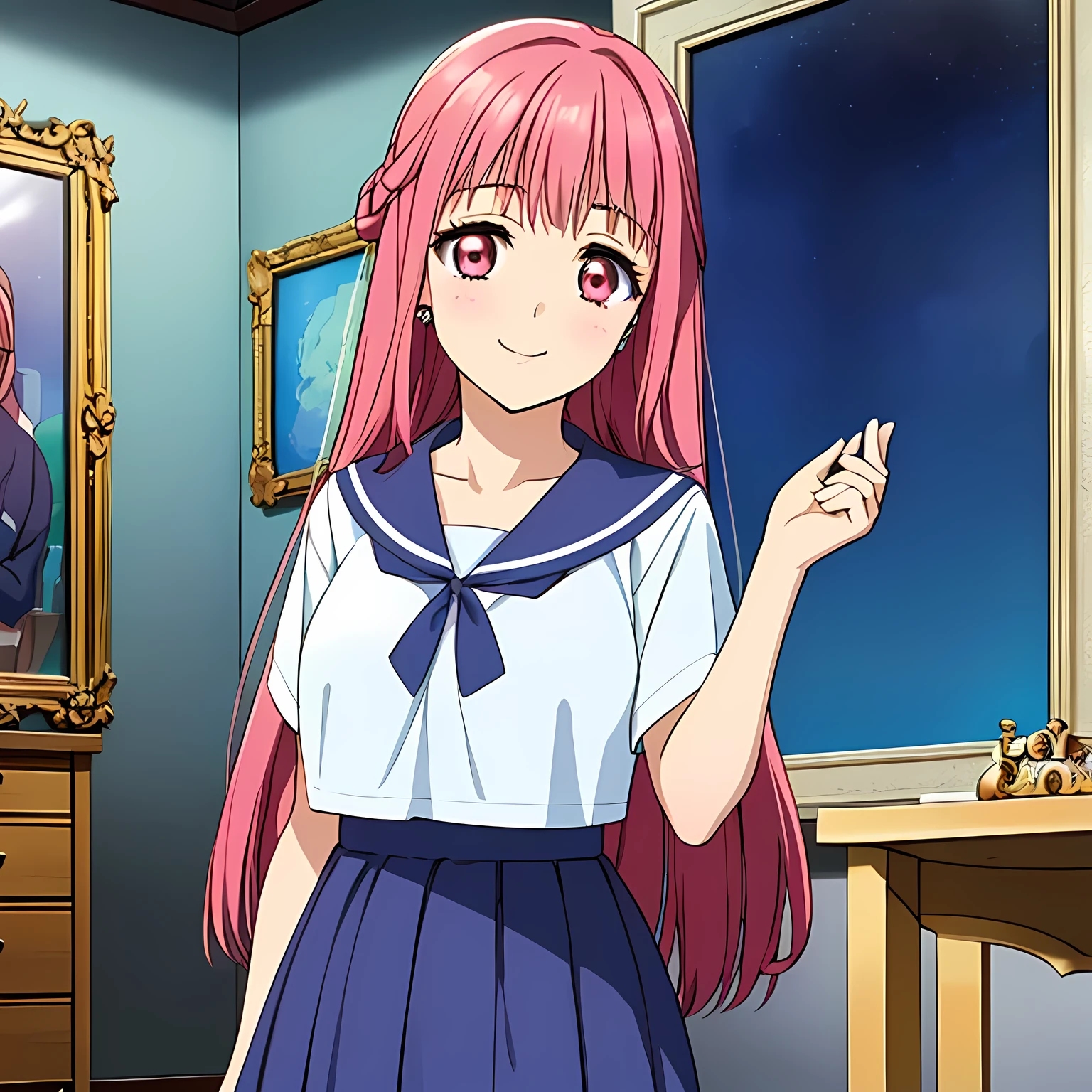 highest quality, (masterpiece:1.2), Very detailed, ((Very beautiful girl fashion model３Person smiling at camera)), (()), (((Beautiful long, very shiny peach-colored hair))), She has a big yellow ribbon in her hair., ((Navy blue sailor suit)), ((Navy blue pleated long skirt)), ((((Very beautiful and shining deep pink eyes)))), ((Very long eyelashes)), A large crimson ribbon on the chest, ((An elegant expression like a noble princess)), (((A beautiful and enchanting smile))), Very good posture, ((The Sabbath rituals are performed)), (((Pitch-dark room))), Black Altar, Black Wall, There are several portraits and bronze statues of beautiful women on display., (((A space for mysteries with a magic circle drawn on it))), ((Half Up))