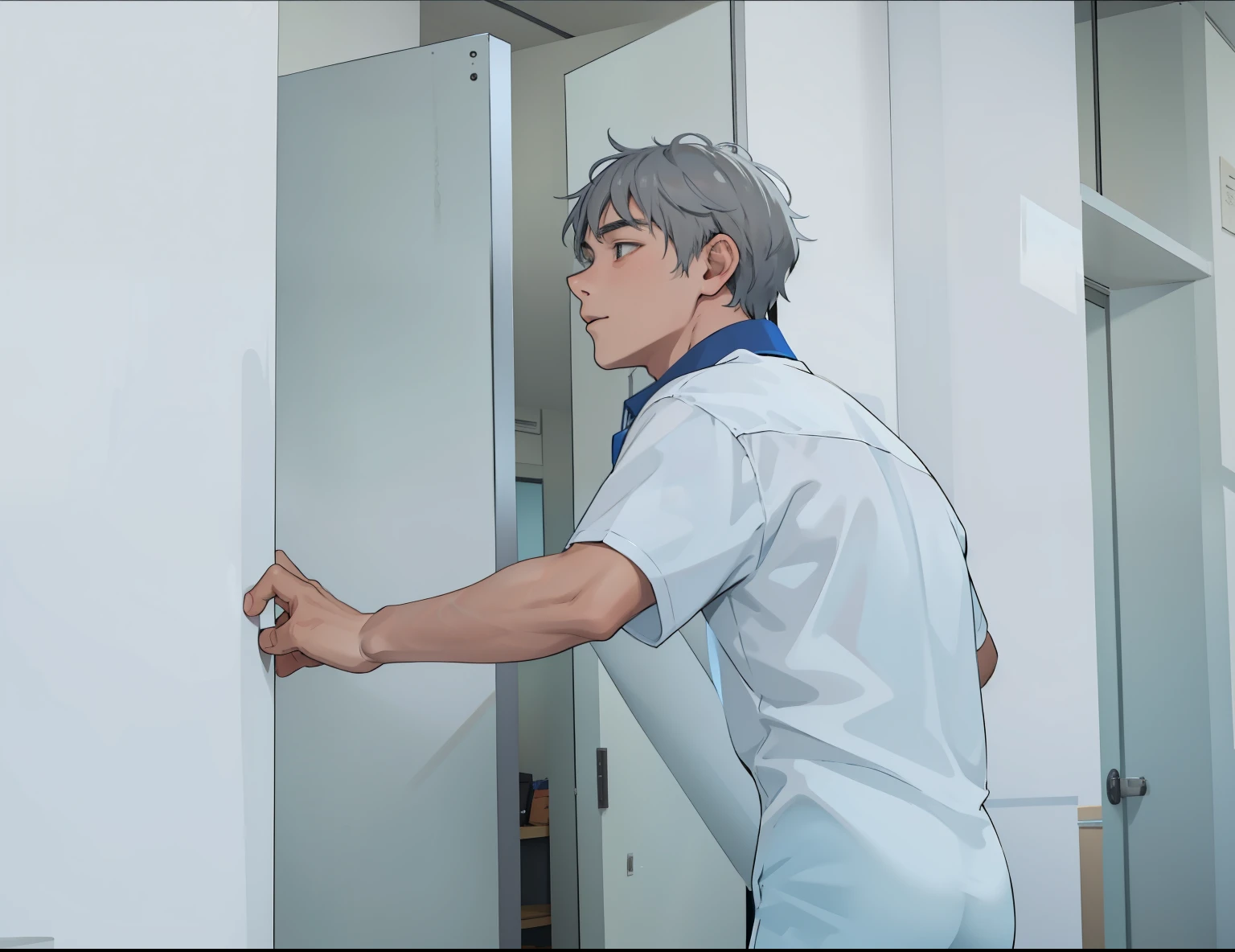 young man is looking for someone in that classroom white shirt gray hair