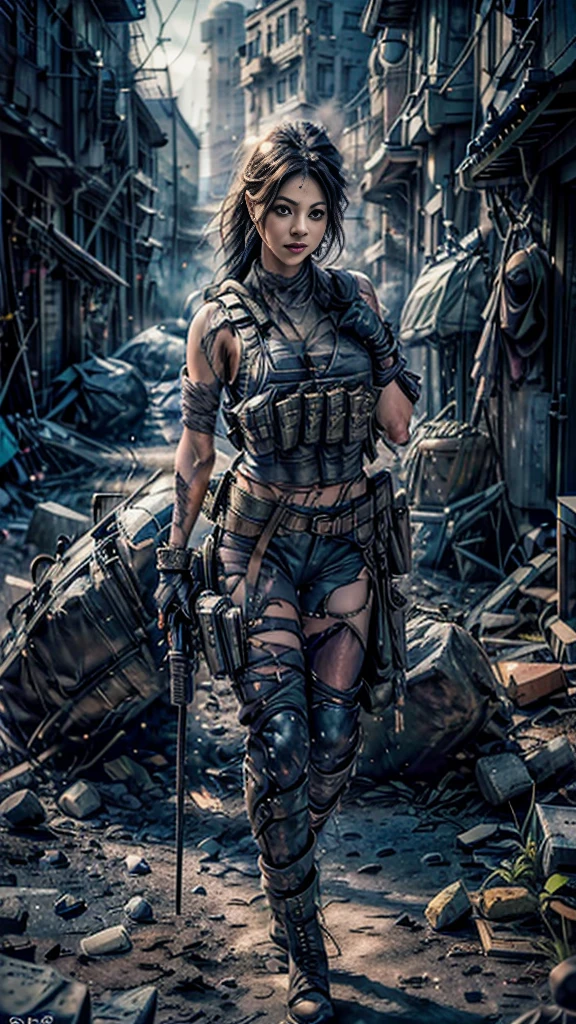 (Realistic photos:1.3, 16k, highest quality, masterpiece, Ultra-high resolution), Perfect dynamic composition:1.2, Very detailedな肌と顔の質感:1.2, , (Covered in scars:1.0, war:1.0, battlefield:1.0, warの世界:1.0, Increase the disruptive element:1.0, rubble:1.0, Innovative Configuration:1.0), Professional camera work, Action pose:1.0, Very detailed, Beautiful Japanese women serving in the US military, (Automatic rifle:0.5, Bulletproof vest:0.5, Torn clothes:1.0, Backpack:0.5, boots), Incredibly slim body, Fair skin, Very beautiful face, Stern expression, Shapely breasts, Chest gap, (Big eyes that exude beautiful eroticism, Lips that exude beautiful eroticism), Cowboy Shot, necklace, Earrings, bracelet