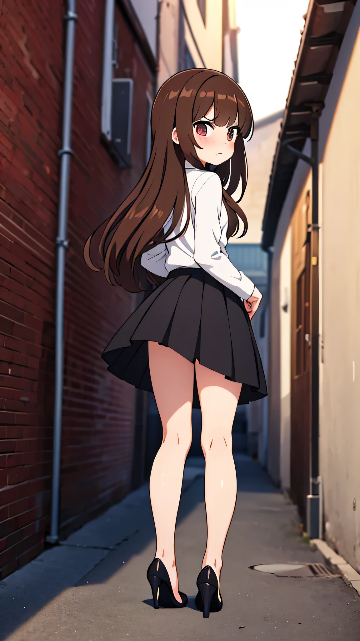 masterpiece、highest quality),Brown Hair,Hime cut,Long Hair,Bangs,girl,Back Alley,In a suit,OL,Woman with an angry face,Blushing,Slender women, A woman wearing plain black pumps,Bare feet and pumps,Open collar,Horny,Stand with your legs together,hold the skirt with both hands,front