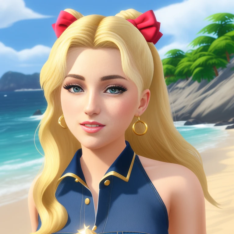 (Best quality, 4k,8k,high res,masterpiece:1.2),Ultra-detailed, Sailor Moon (in the style of the sims 4) confidently enjoying herself at the beach, with her exquisite blonde hair flowing down her shoulders. She’s exhibiting a variety of sexual poses as she dons fashionable blue jeans from the 2000s. Beautifully photographed, extreme close up, dramatic angle, hi-key lighting