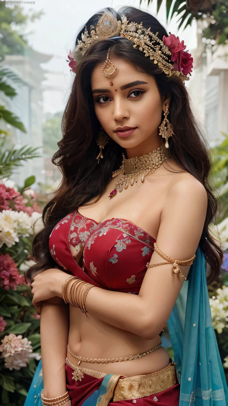 An extremely beautiful woman of fullbody wearing blue saree with blue bra with string standing in front temple