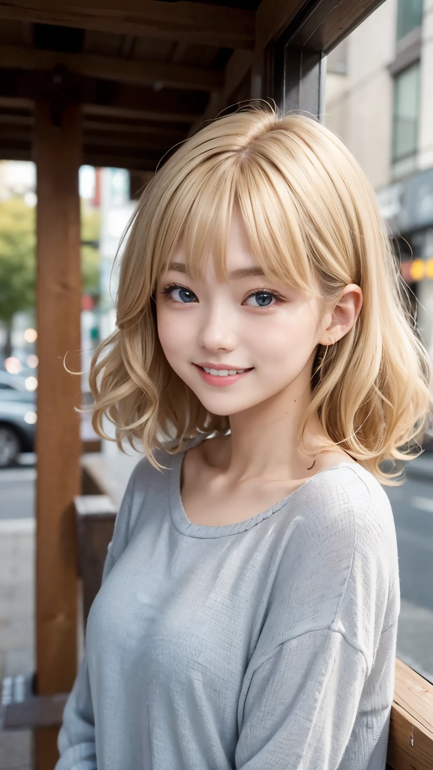 Studio Light, Depth of written boundary, Upper Body, thin, cute顔, smile, Beautiful details in the eyes, 19 year old Japanese, cute, Voluminous curls and warm blonde color, Plaza, casual