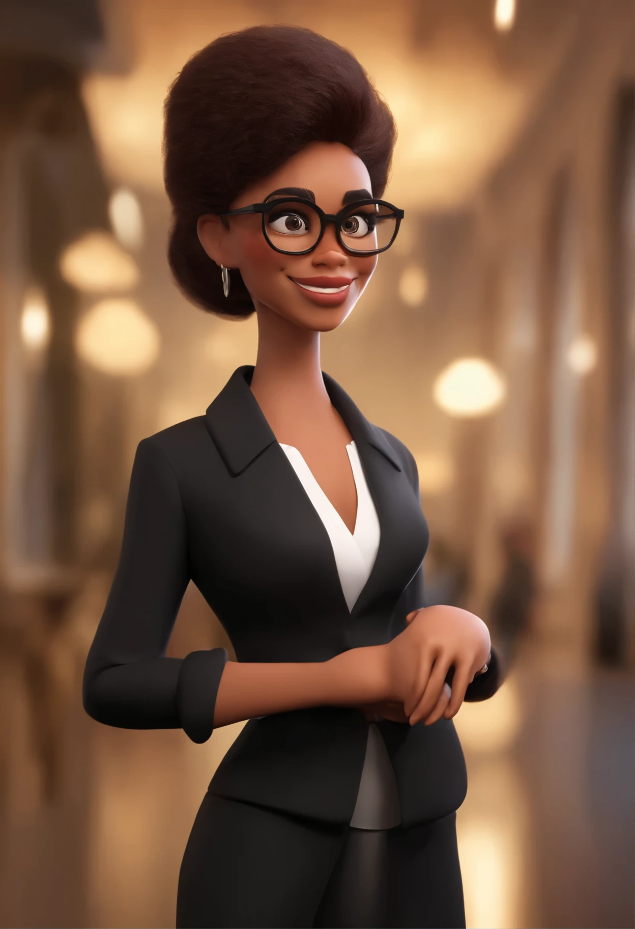 Cartoon character of a woman in black glasses and black shirt, cabelo rosa claro, um personagem animado, Caractere estilizado, animation style rendering, 3D estilizado, Arnold Maya rendering, Stylized 3D rendering, toon render screenshot, Personagem 3D, Personagem 3D, Stylized 3D rendering, 3D character rendering, personagem de desenho animado, Personagem de close up, Pose de personagem, (Estilo Pixar) (parte mestre:1.2) (Bokeh) (melhor qualidade) (pele detalhada) (textura detalhada) (8k) (argila) (cinematic lighting) (sharp focus,Senta e vaza a parte superior do corpo