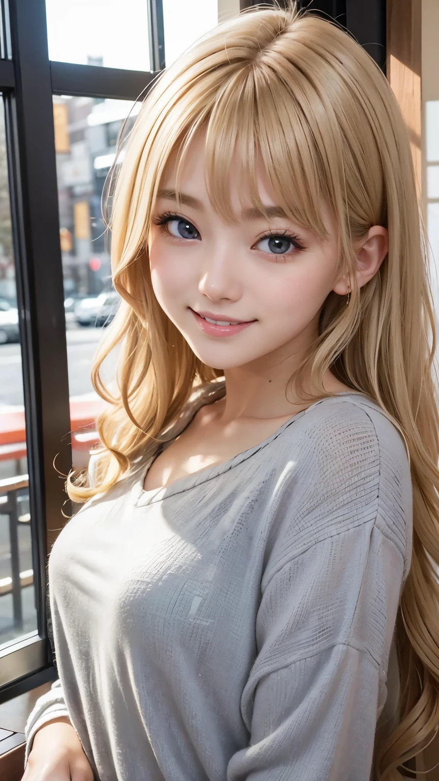 Studio Light, Depth of written boundary, Upper Body, thin, cute顔, smile, Beautiful details in the eyes, 19 year old Japanese, cute, Voluminous curls and warm blonde color, Plaza, casual