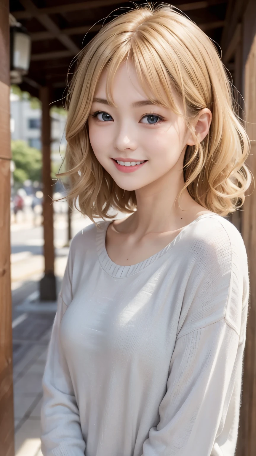 Studio Light, Depth of written boundary, Upper Body, thin, cute顔, smile, Beautiful details in the eyes, 19 year old Japanese, cute, Voluminous curls and warm blonde color, Plaza, casual