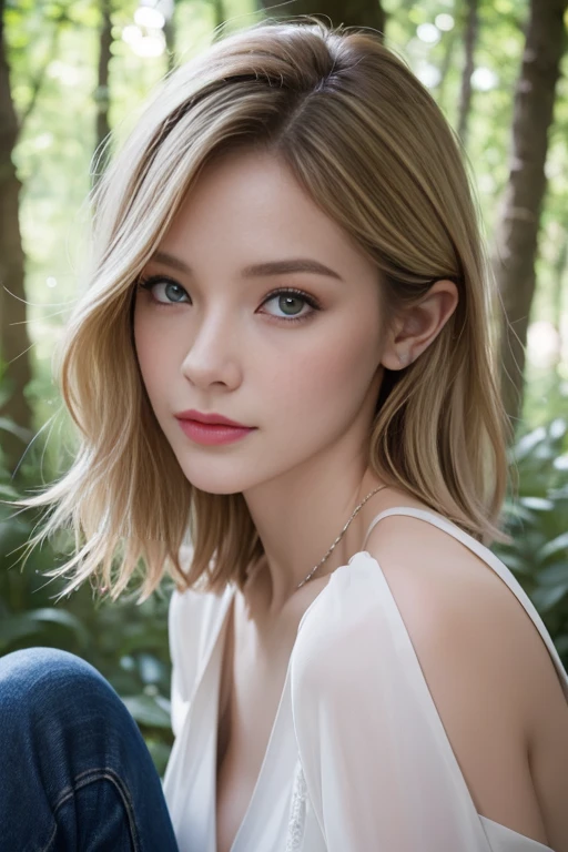 , 25 ans, delicate, poudre de contour, sexy, ripped jeans, chemisette blanche ouverte, intricate details, French touch, cheveux de longueur moyenne, cheveux blonds, yeux bleus, sourire romantique, seductive look, bonne couverture, de nuit, éclairée par les flashes des photographes, skin details, pores de la peau, sexy, Samsung S22 Ultra digital camera, dans une foret humide