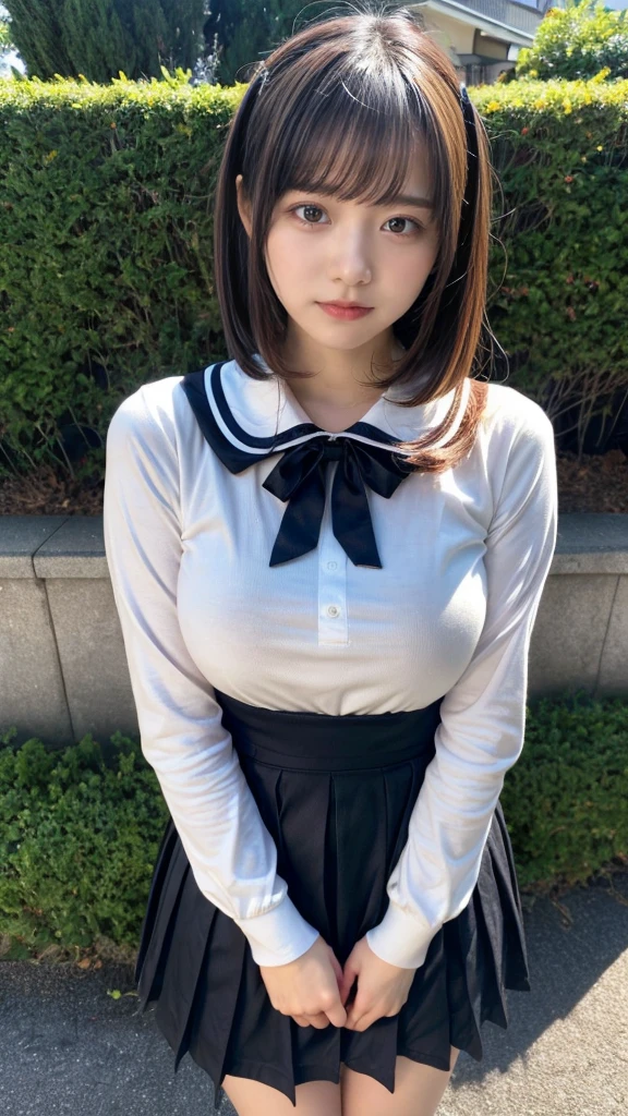 muste piece, best quality, illustration, Super detailed, fine details, High resolution, 8K,wall paper, perfect dynamic composition,(Details High quality, realistic depiction of eyes:1.3), shuuchiin academy ,spring uniform,long sleeves, sailor collar,black dress,white white sailor collar, short bob hair, black hair color, Big Natural Color Lip, sexy pose, (perfect body shape), crying a little、cold gaze, Harajuku style、20 year old girl、cute type、lolita, hposing Gravure Idol, full body photo、focus on crotch, huge breasts