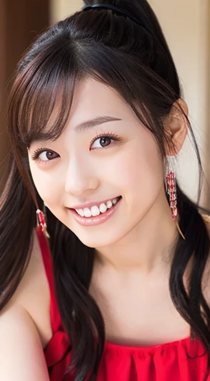 One Woman,Japanese、Beautiful Eyes,Symmetrical eyes,Slim figure, Realistic teeth, double eyelid,Long Hair、(Ponytail Hair:1.3),Hair disheveled in the wind,smile、Red Bikini,(whole body:1.2),D cup breasts