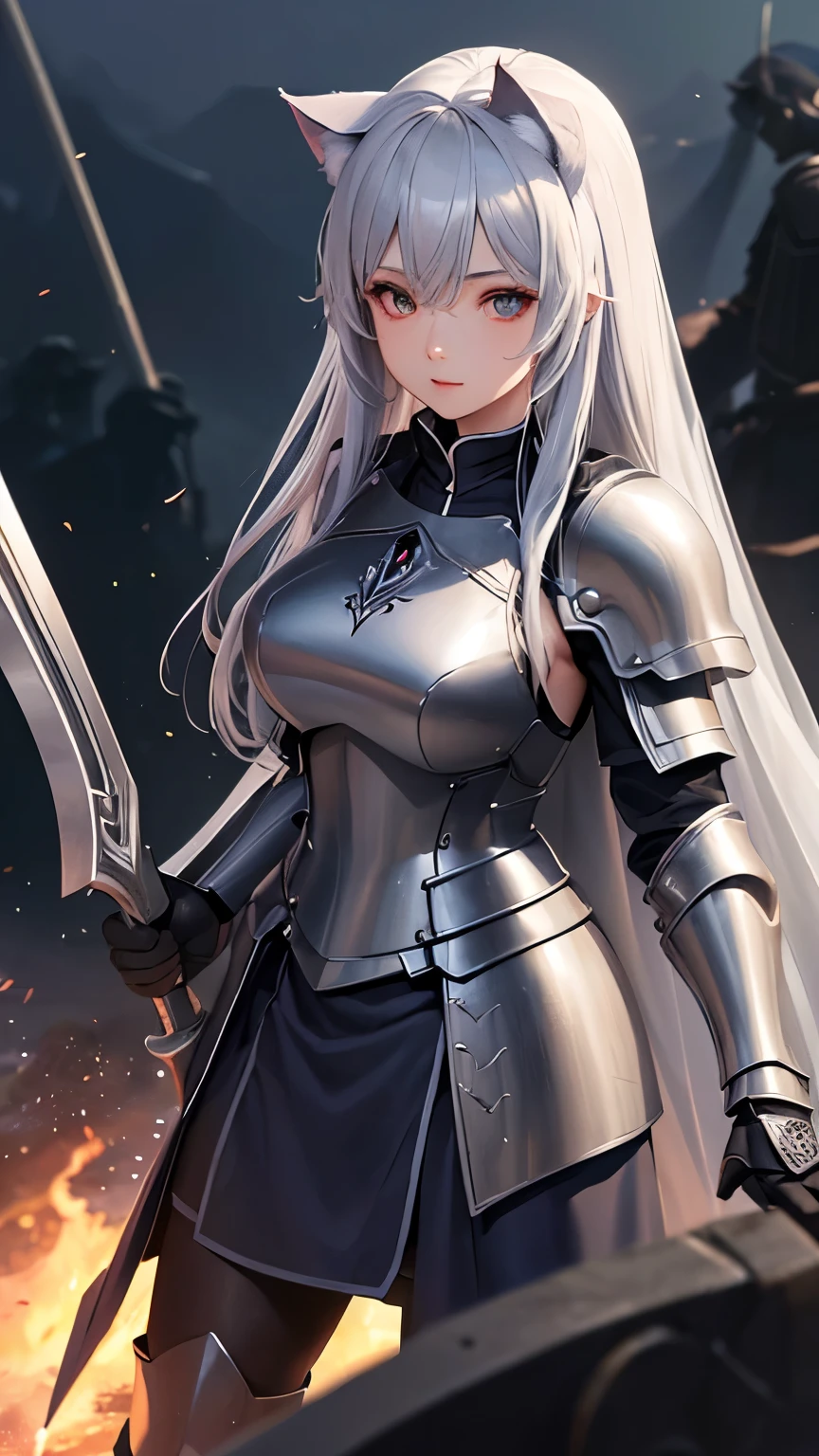 ((Highest quality))、((8K))、((Wizard))、((Wife))、Slit eyes、Adult women、whole body、(Cane)、(armor)、((whole bodyarmor))、Cat ear、Gray Hair、long hair、((battlefield))、Cape、((Real))、Big Breasts、Long skirt、((commander))、