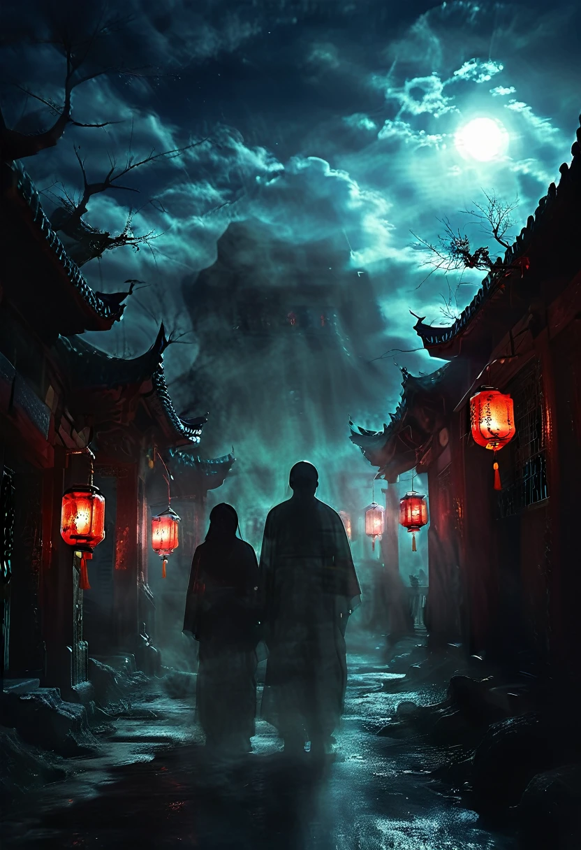 (best quality,high resolution:1.2),Super detailed,Practical:1.37,a transparent ghost in midnight,Chinese Temple,jungle,desolate,,dark,barren land,weird,mystery,horrible,Ominous Red,unforgettable,desolate,unmanned,(((Dark sky)))，Transparent ghost photo，Holding a lantern, moonlight, heavily clouded, dark幻想插画风格, dark艺术, High contrast, dark的阴影, Atmospheric perspective , Melancholic colors, Film composition, Volumetric Lighting, number, Brushstrokes, Dramatic Lighting, Low Angle, Surrealism, Ultra Detailed, Surrealism