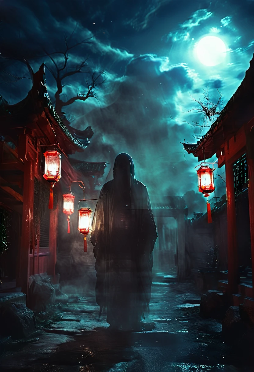 (best quality,high resolution:1.2),Super detailed,Practical:1.37,a transparent ghost in midnight,Chinese Temple,jungle,desolate,,dark,barren land,weird,mystery,horrible,Ominous Red,unforgettable,desolate,unmanned,(((Dark sky))),Transparent ghost photo,Holding a lantern, moonlight, heavily clouded, dark幻想插画风格, dark艺术, High contrast, dark的阴影, Atmospheric perspective , Melancholic colors, Film composition, Volumetric Lighting, number, Brushstrokes, Dramatic Lighting, Low Angle, Surrealism, Ultra Detailed, Surrealism