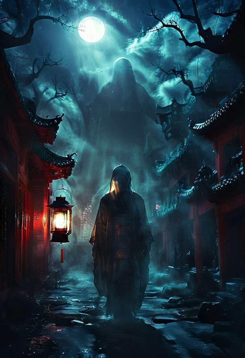 (best quality,high resolution:1.2),Super detailed,Practical:1.37,a transparent ghost in midnight,Chinese Temple,jungle,desolate,,dark,barren land,weird,mystery,horrible,Ominous Red,unforgettable,desolate,unmanned,(((Dark sky)))，Transparent ghost photo，Holding a lantern, moonlight, heavily clouded, dark幻想插画风格, dark艺术, High contrast, dark的阴影, Atmospheric perspective , Melancholic colors, Film composition, Volumetric Lighting, number, Brushstrokes, Dramatic Lighting, Low Angle, Surrealism, Ultra Detailed, Surrealism