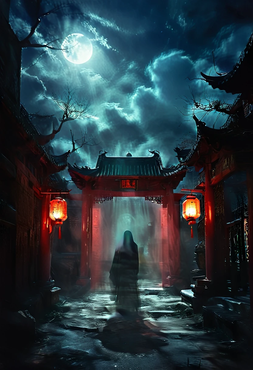 (best quality,high resolution:1.2),Super detailed,Practical:1.37,a transparent ghost in midnight,Chinese Temple,jungle,desolate,,dark,barren land,weird,mystery,horrible,Ominous Red,unforgettable,desolate,unmanned,(((Dark sky)))，Transparent ghost photo，Holding a lantern, moonlight, heavily clouded, dark幻想插画风格, dark艺术, High contrast, dark的阴影, Atmospheric perspective , Melancholic colors, Film composition, Volumetric Lighting, number, Brushstrokes, Dramatic Lighting, Low Angle, Surrealism, Ultra Detailed, Surrealism