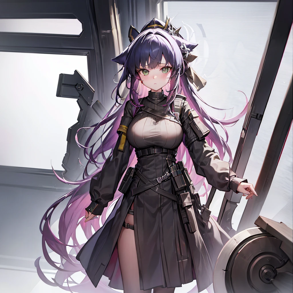 I need to draw some portraits，The style is similar to the anime characters in the mobile game Arknights，Race is the film in the game，woman，From the in-game country Victoria，Occupation is the intelligence unit of the country in the game Gray Hat，Age 18 years，Height 150cm，The hair is pink，She is petite and cute, but can hide her enormous strength under her uniform.，Good appearance，The weapon is a two-handed great axe，Bigger than her size。