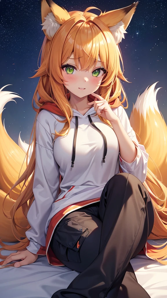((1girl, fox girl, kitsune girl, fox ears, animal ear fluff, fox tails, thick fluffy tails, large tails, nine tails, [tails attached to tailbone], kyuubi, kyuubi kitsune)), ager, long hair, blonde hair, wavy hair, pony-tail, (green eyes), Emerald green eyes, starry eyes, smile, light smile, bandage on nose, parted lips, kitsune hoodie, cargo pants, modestly dressed, pants fully cover legs, cute, beautiful, athletic, starry eyed, loving, light blush, clean fingers, well-formed fingers, high detail, romanticism, film lighting, ray tracing, motion rye, uhd, high detail, top quality, 8k, sitting down, safe for work, facing viewer, no extra limbs,