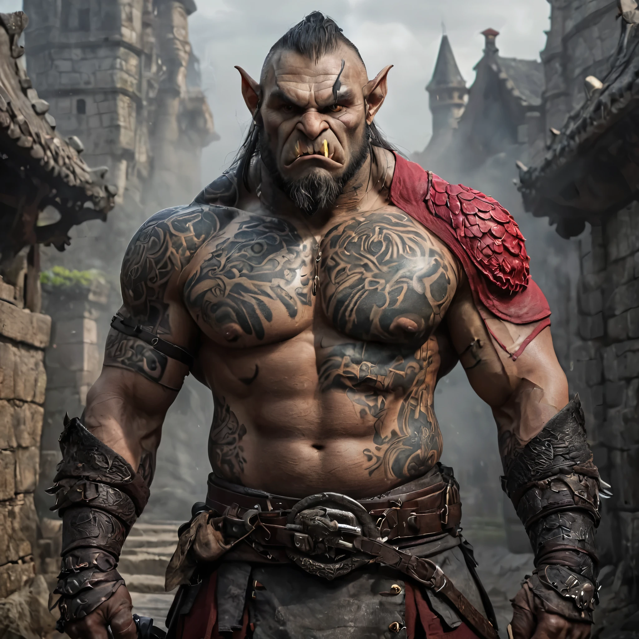 Demi-orc de donjon et dragons gris tatouage d'ours sur l'avant bras droit grand muscle yeux rouge  (best quality,4k,8k,High resolution,chef-d&#39;artwork:1.2),Ultra-detailed,(Realistic,photoRealistic,photo-Realistic:1.37), HDR,UHD,studio lighting,peinture ultra fine,sharpness,physics-based rendering,extremely detailed description,professionnel,Des couleurs vives