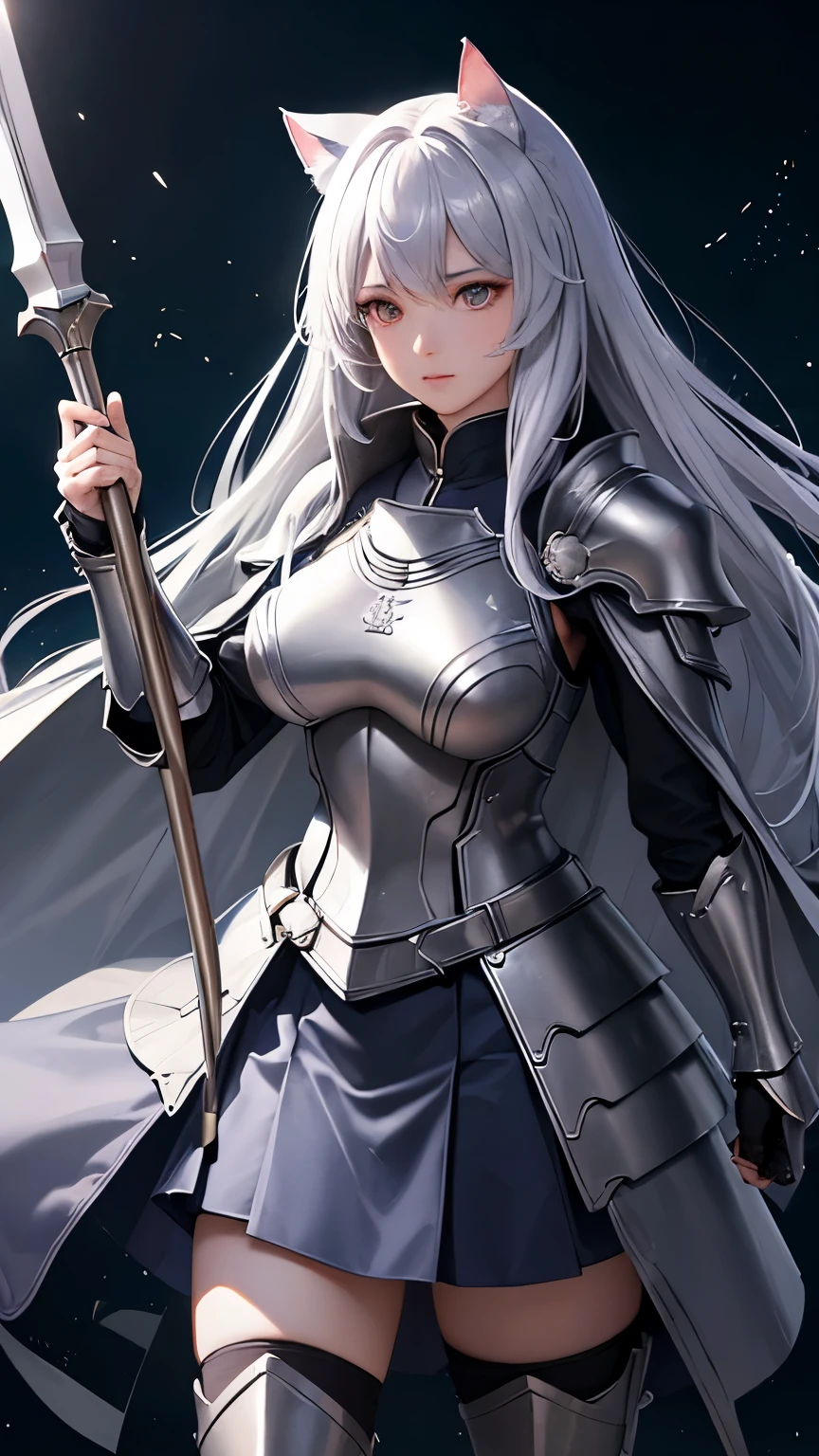 ((Highest quality))、((8K))、((Wizard))、((Wife))、Slit eyes、Adult women、whole body、（Cane）、（armor）、((whole bodyarmor))、Cat ear、Gray Hair、long hair、((battlefield))、Cape、((Real))、Big Breasts、Long skirt、((commander))、