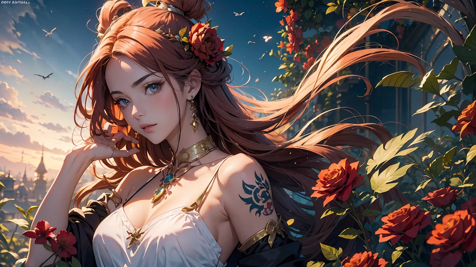 Arte de anime Genshin Impact: retrato realista de uma jovem guerreira europeia de 18 anos, with an enigmatic and enchanting aura. Seus olhos claros, bochechas pontudas, square chin and tattoo of red roses on shoulders and forearms complement her presence. Pleasant facial expression, kind, friendly, apaixonada. in a dynamic pose. The detailed background in 8K HDR in a magical medieval setting, com estilo de arte de anime Studio Ghibli. Professional 16K illustration captures your beauty in vibrant detail, while the 8K HDR painting technique delivers rich, natural colors. Uma obra-prima que combina perfeitamente realismo e encanto misterioso. Magnificent contrast between light and dark. Roupa composta e elegante.