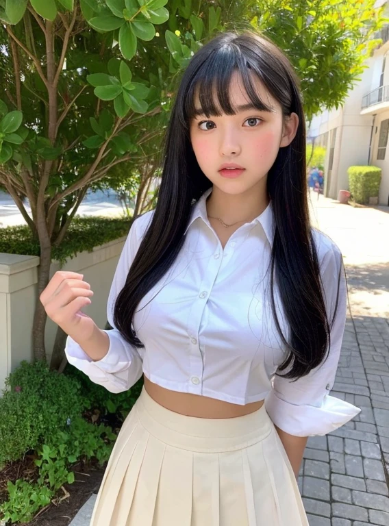 (highest quality, 8K, masterpiece ),12 year old junior high school student, bangs、black hair,big breasts、A chest that is about to burst、white shirt、tight mini skirt, Put the hem of the shirt in the skirt、super detailed face, double eyelid, Upper body、strong natural light、turn around and look at the viewer、