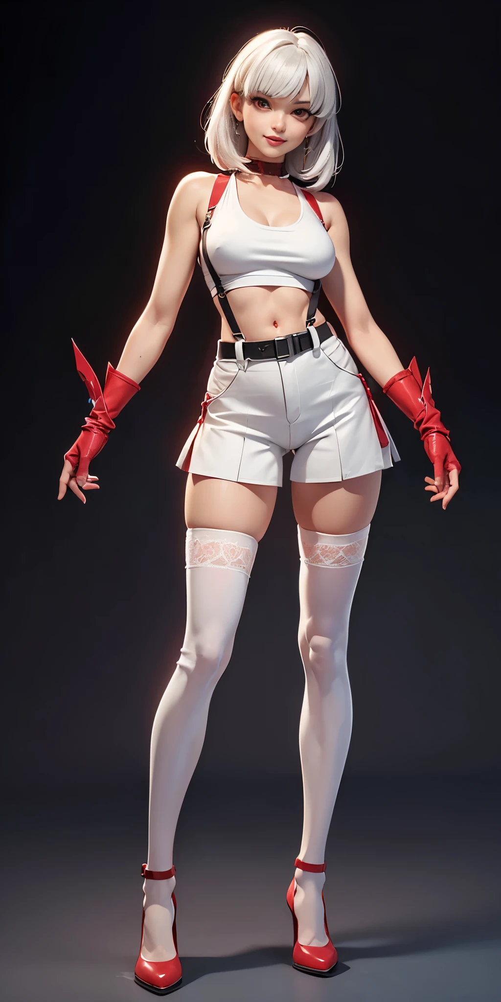 (plain background, 8k, best quality, masterpiece, realistic, photo-realistic:1.37) (full body height standing straight symmetrical contrapposto) 2legs apart (wide stance) ultra detailed, 1solo cute girl (beautiful detailed eyes) (smile:1.2) (closed mouth) (red cheeks) sharp focus, view from below depth of field, good composition, very long straight WHITE SILVER hair, hair bang ((red eyes)), intricate, bokeh (Tetsuya Nomura style) perfect knockers, white tank top, black thong, suspenders, red gloves gauntlets, white stockings, toned body, athletic, wide hips, thin waist, toned arms, exposed abdomen, abs toned, navel, big belly button belt