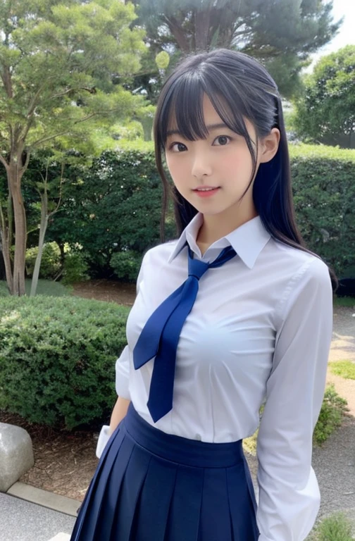 Japan girl, close up shot,front of view,age girl, perfect figure, transparency, very modest breasts, summer school uniform, navy blue tie, navy blue skirt, light blue uniform, gravure idol,8k