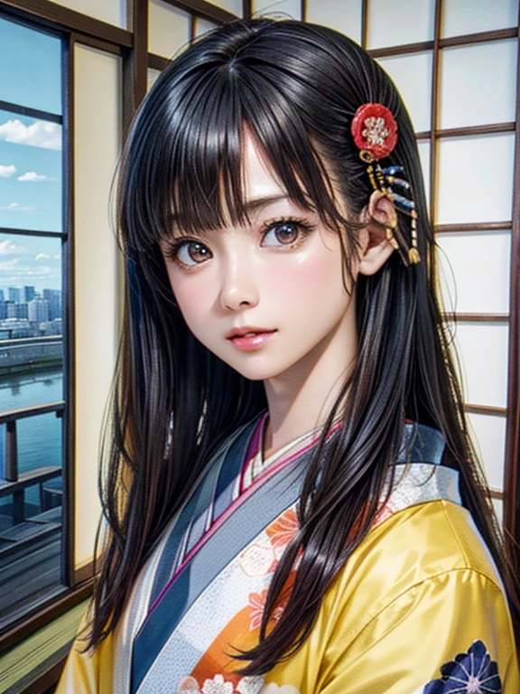 (highest quality、8K、32k、masterpiece)、(masterpiece,newest,exceptional:1.2), anime,1girl,bangs,black_hair, beautiful 8k eyes,cloud,day,dress,looking_at_viewer,outdoors,red_neckwear,red_ribbon,ribbon,river,short_hair,short_sleeves,sky,skyscraper,solo,standing,town,water、((Very beautiful woman, Fuller lips, Japanese pattern kimono))、((Colorful Japanese kimono)))、(((Medium Shot)))、Blunt bangs、(High resolution)、、very beautiful face and eyes、1 girl 、round and small face、thin waist、delicate body、(highest quality high detail Rich skin details)、(highest quality、8K、oil paint:1.2)、Super detailed、(realistic、realistic:1.37)、bright colors、(((Black Hair)))、(((Long Hair)))、(((Cowboy photos)))、((( Inside an old Japanese house)))、(masterpiece, top quality, best quality, official art, beautiful and aesthetic:1.2), (1girl), extreme detailed,(fractal art:1.3),colorful,highest detailed,Sengoku period(High resolution)、Very beautiful face and eyes、1 girl 、Round and small face、Narrow waist、Delicate body、(highest quality high detail Rich skin details)、(highest quality、8k、Oil paint:1.2)、(Realistic、Realistic:1.37)、