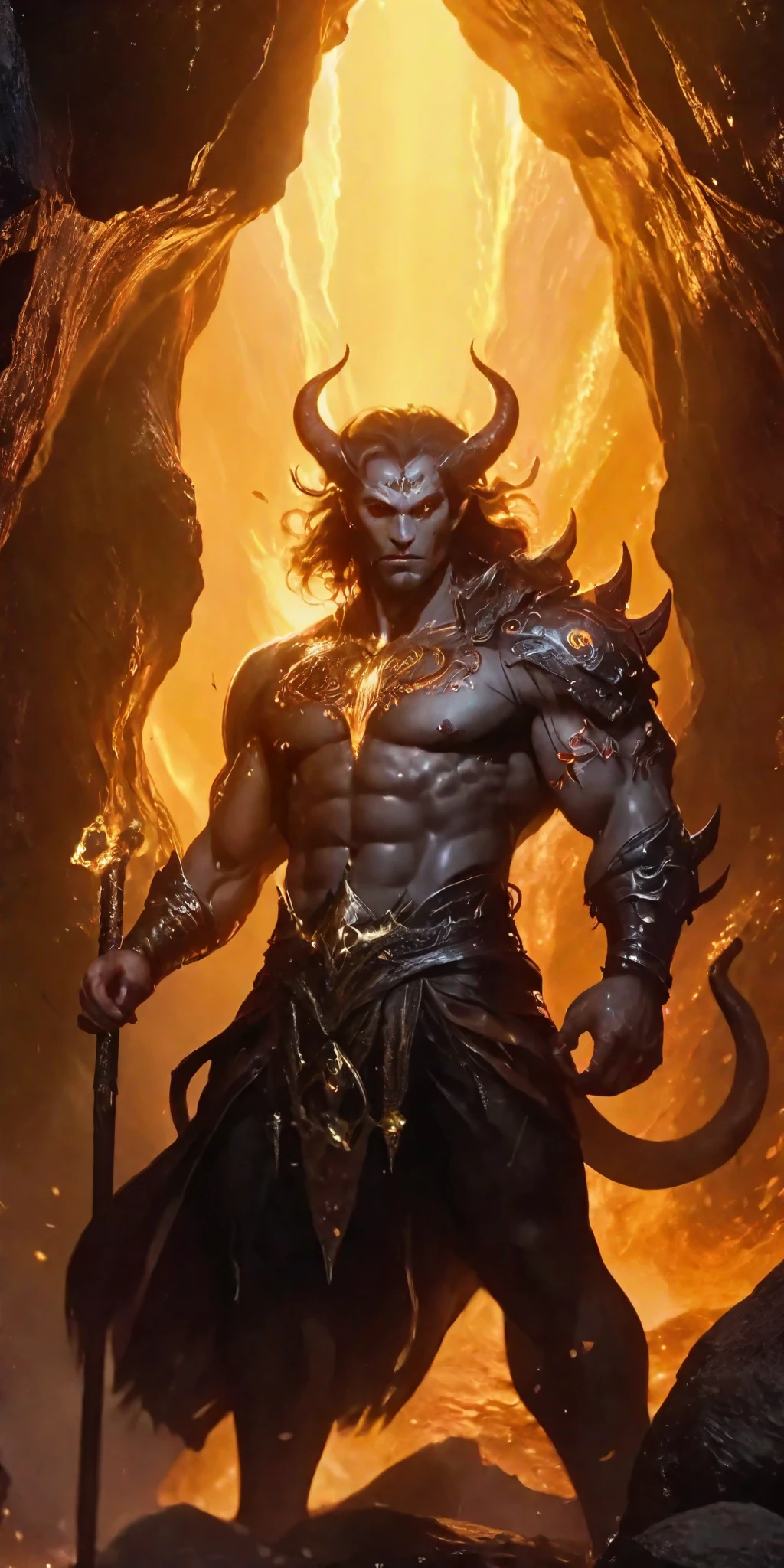 1girl,solo,Full body,from below, forged from molten rock and stone, viewed from below. The demon’s towering form and power are emphasized by a low-angle perspective, as if through a 100mm lens. The composition follows the Golden Section, with the demon centered, showcasing its dramatic scale. High contrast backlighting highlights the demon’s intricate costume details, mirroring flowing lava’s fluidity and texture. Set in an indoor volcanic cave, the scene embodies the raw might and fury of elemental forces, with the demon’s facial features and posture adding to the awe-inspiring depiction.